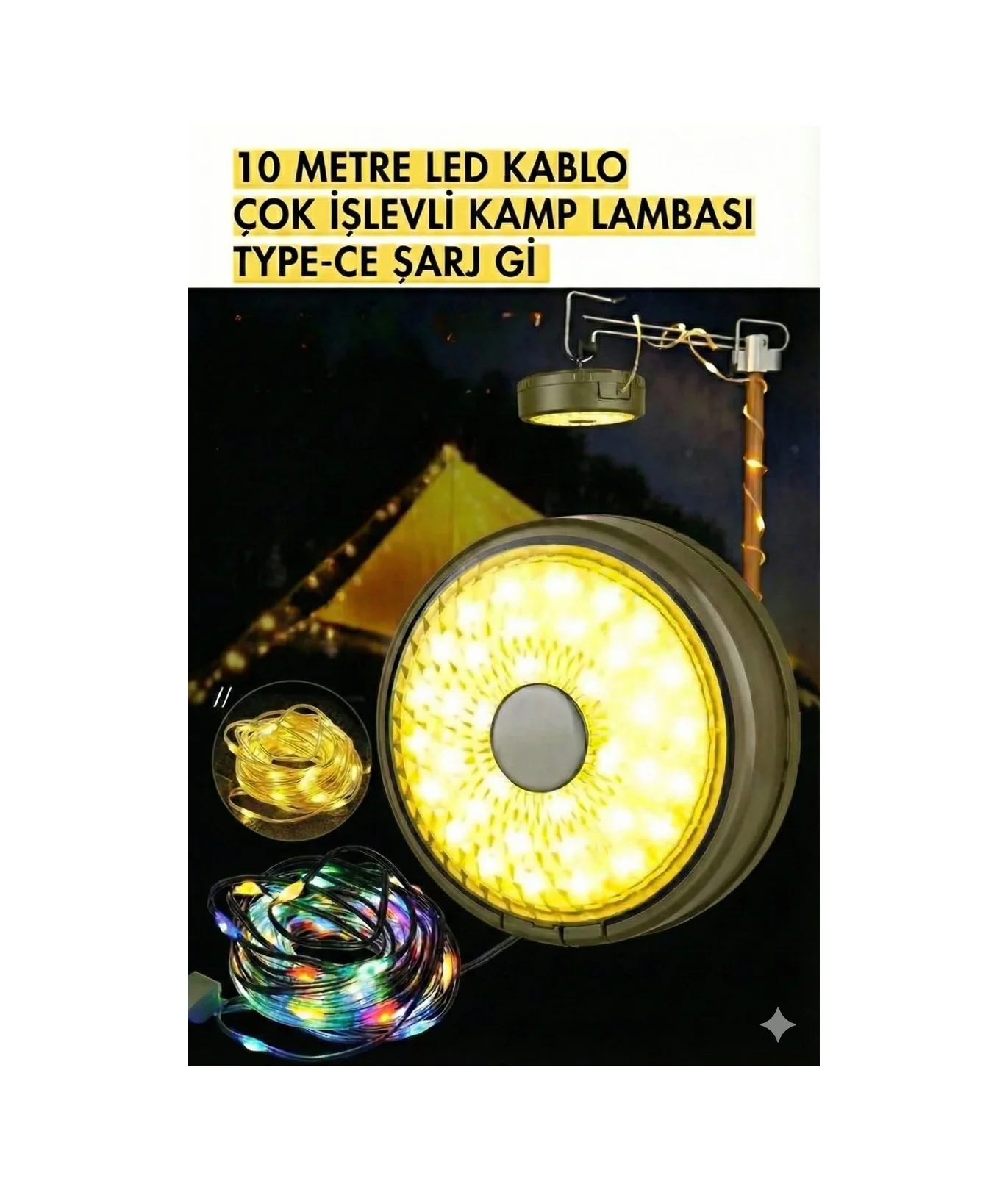 Şarjlı 10 Metre Ledli Şarj Göstergeli 8 Işık Modlu Hareketli Ve F