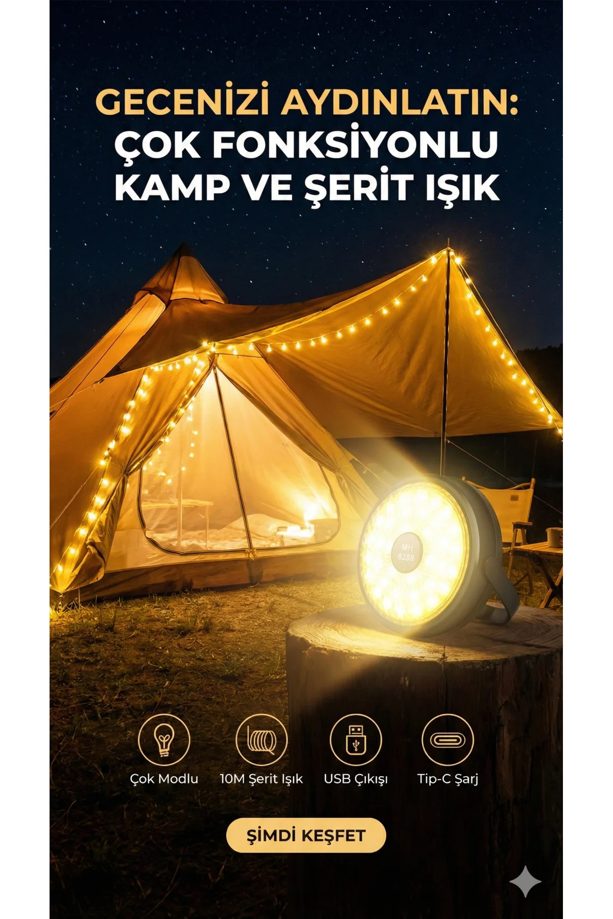 Şarjlı 10 Metre Ledli Şarj Göstergeli 8 Işık Modlu Hareketli Ve Flaşör Modlu Kamp Lambası Led Işık - Görsel 4