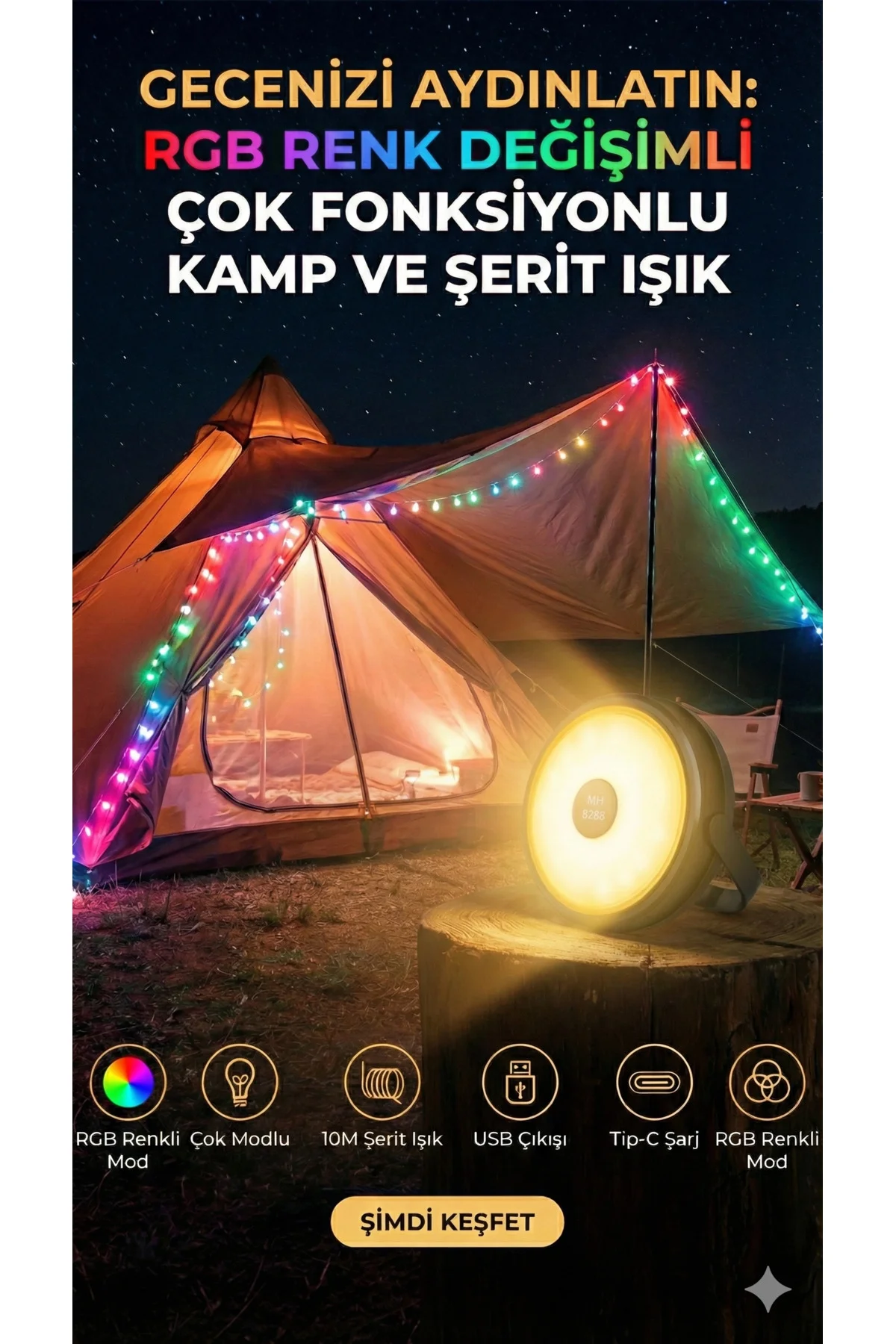 Şarjlı 10 Metre Ledli Şarj Göstergeli 8 Işık Modlu Hareketli Ve Flaşör Modlu Kamp Lambası Led Işık - Görsel 5