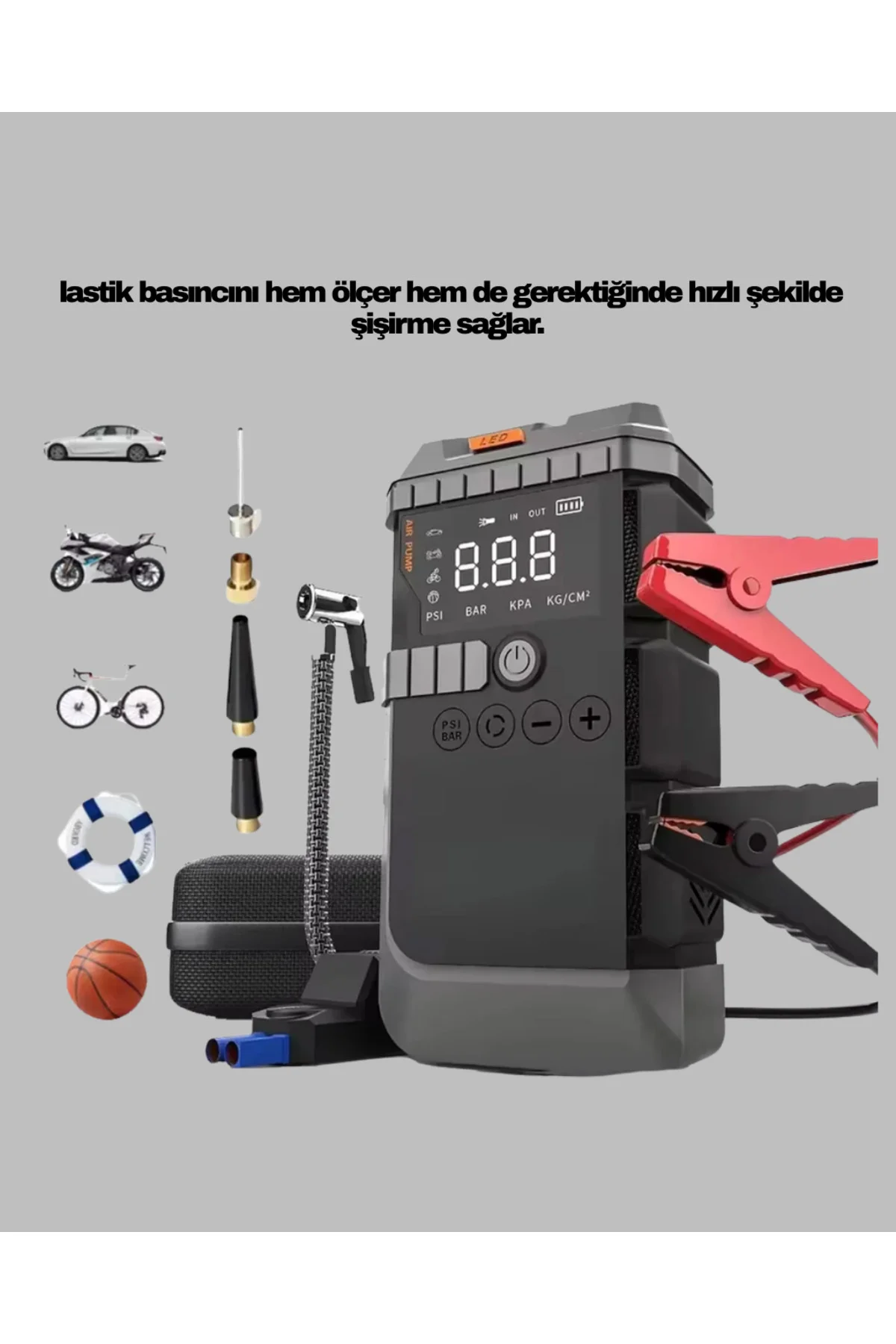 Şarjlı 12000 Mah Araç Akü Takviye Ve Hava Kompresörü 4’Ü 1 Arada