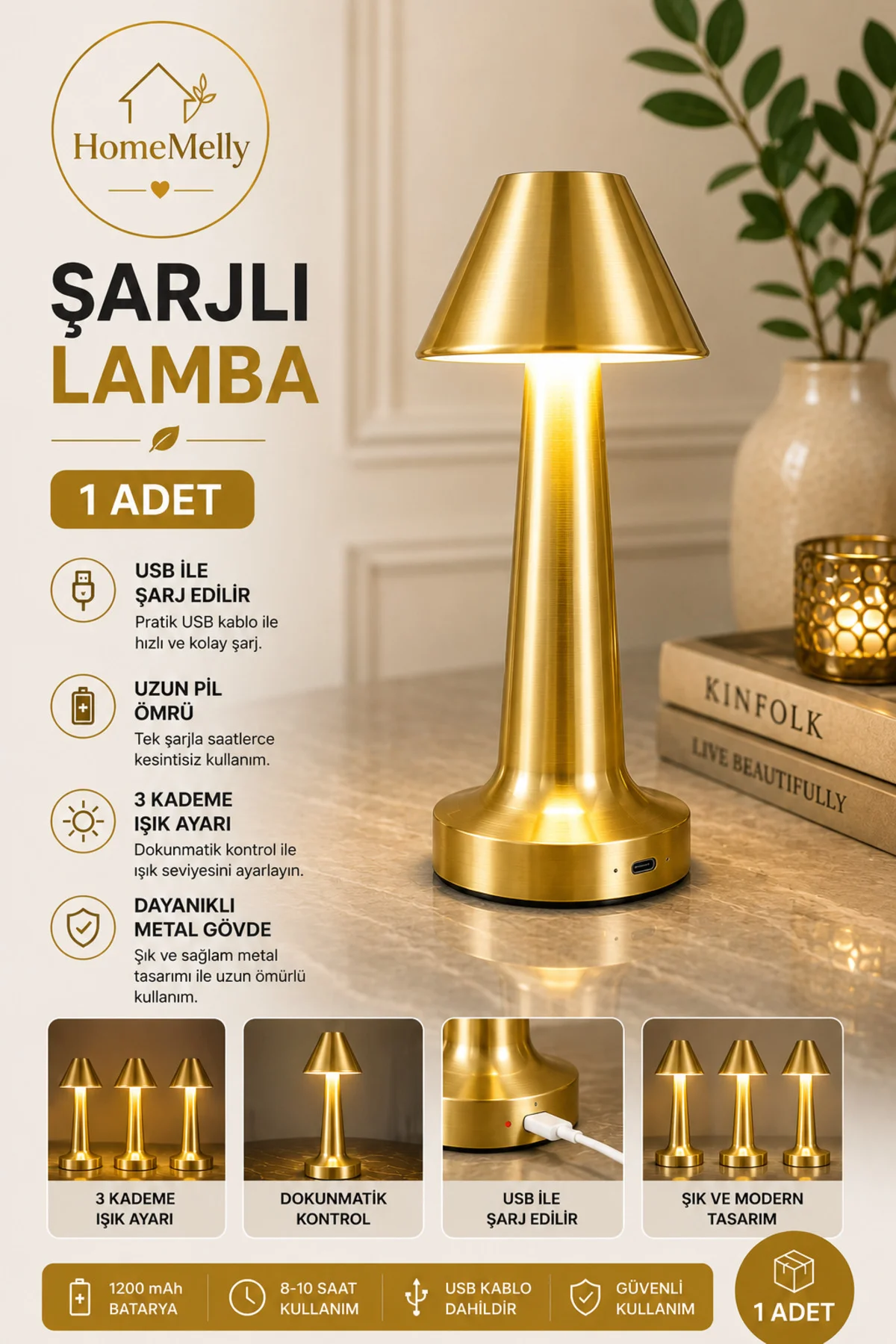 Şarjlı 3 Işık Renkli Akıllı Masa Lambası – Dokunmatik Kontrol, Gold Gövde, Kablosuz Kullanım Şarjlı 3 Işık Renkli Akıllı Masa Lambası – Dokunmatik Kontrol, Gold Gövde, Kablosuz Kullanım