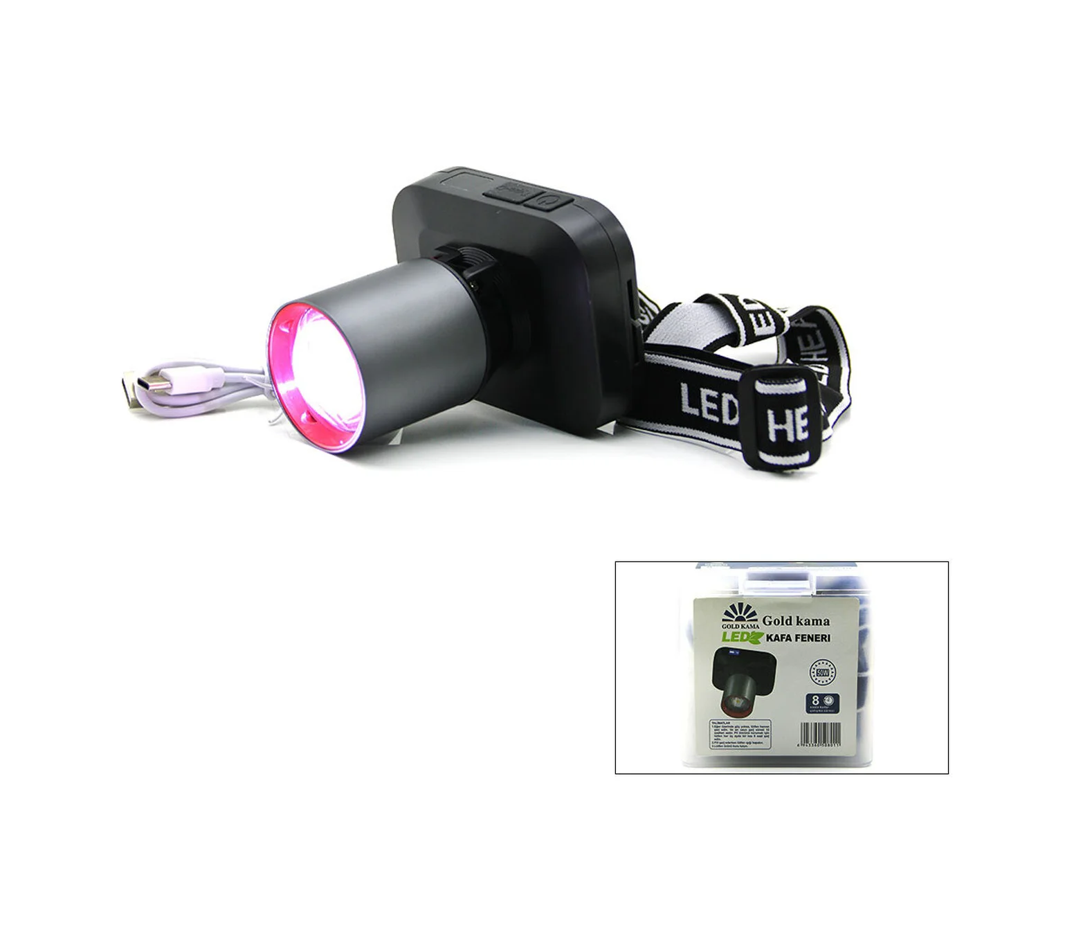 Şarjlı 50w Kafa Lambası Fener 1 Led Usb - Type-c Dijital Kademe Işık Ayarı - Flaşör 5224 Diğer