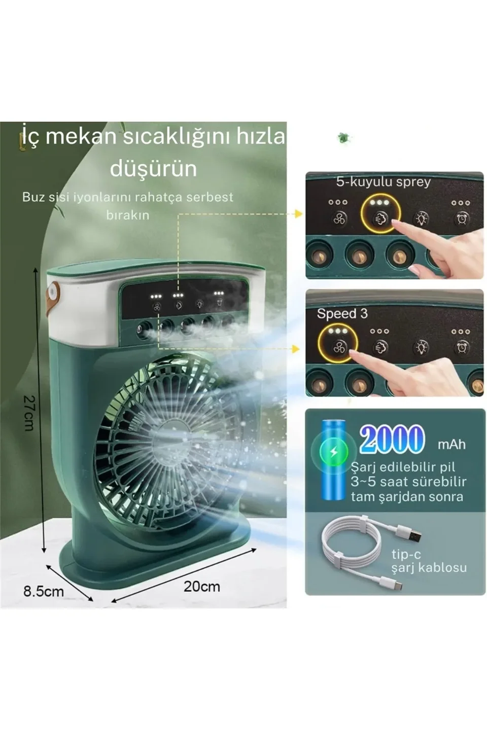Şarjlı 600 Ml Su Hazneli Taşınabilir Masaüstü Vanilatör Güçlü Fan Ve 2000 Mah Pil Siyah Fiyatı, Yorumları ve Özellikleri