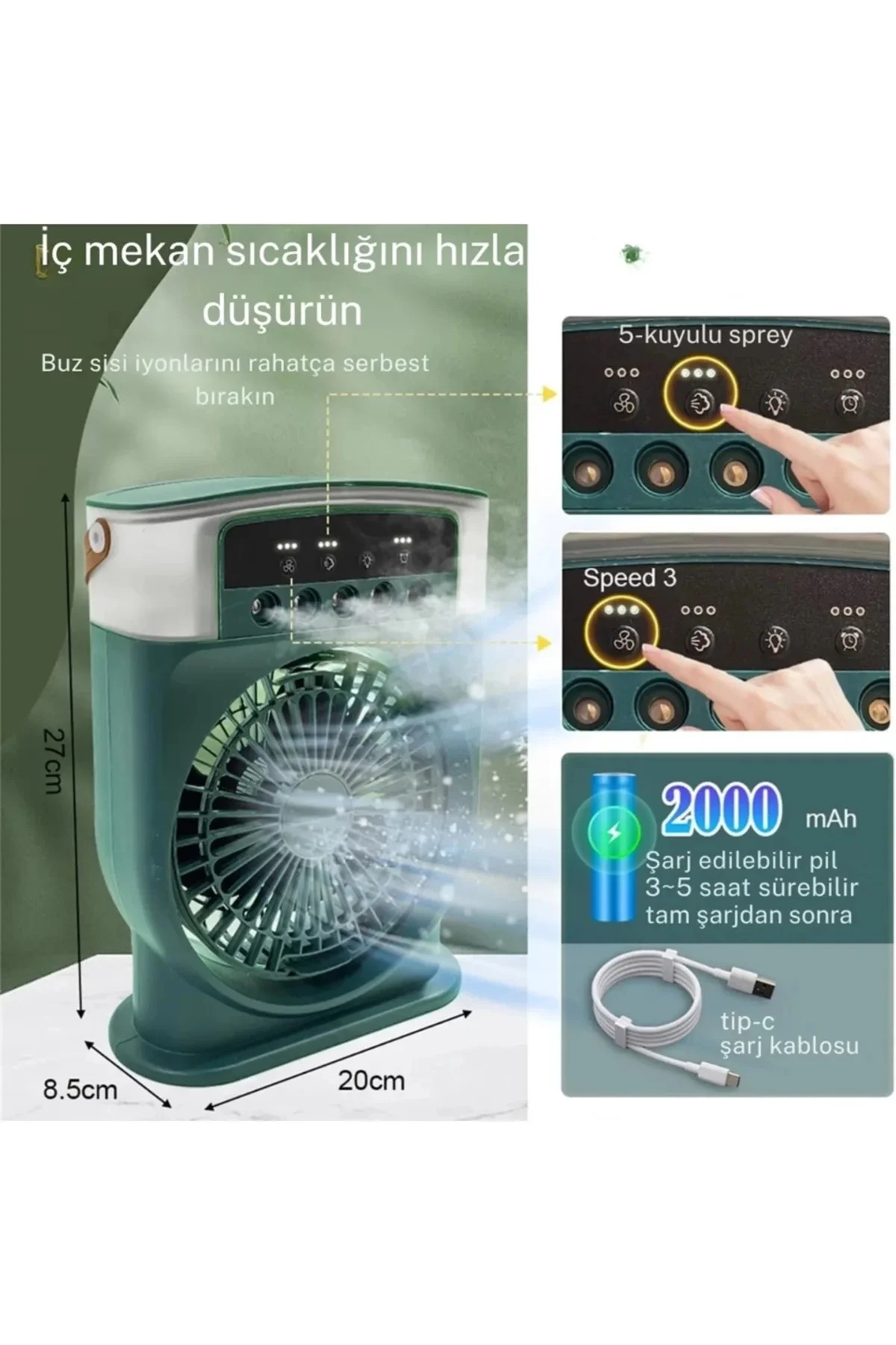 Şarjlı 600 Ml Su Hazneli Taşınabilir Masaüstü Vanilatör Güçlü Fan