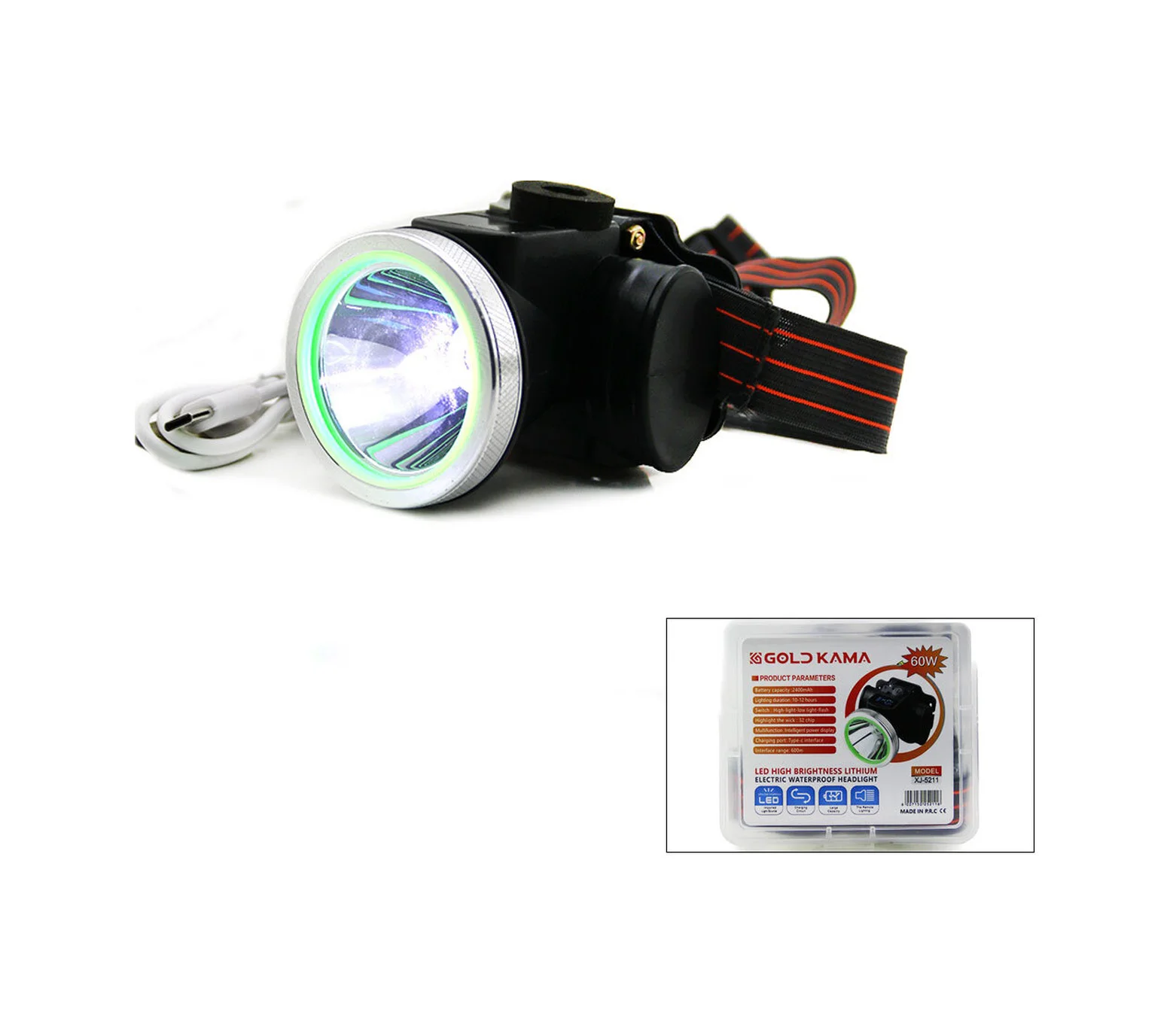 Şarjlı 60w Kafa Lambası Fener Usb - Type-c Dijital 3-kademe Işık 