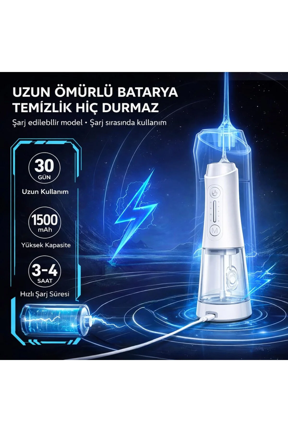 Şarjlı Ağız Duşu 320 ml Su Hazneli, 4 Modlu, 5 Başlıklı, IPX7 Su 