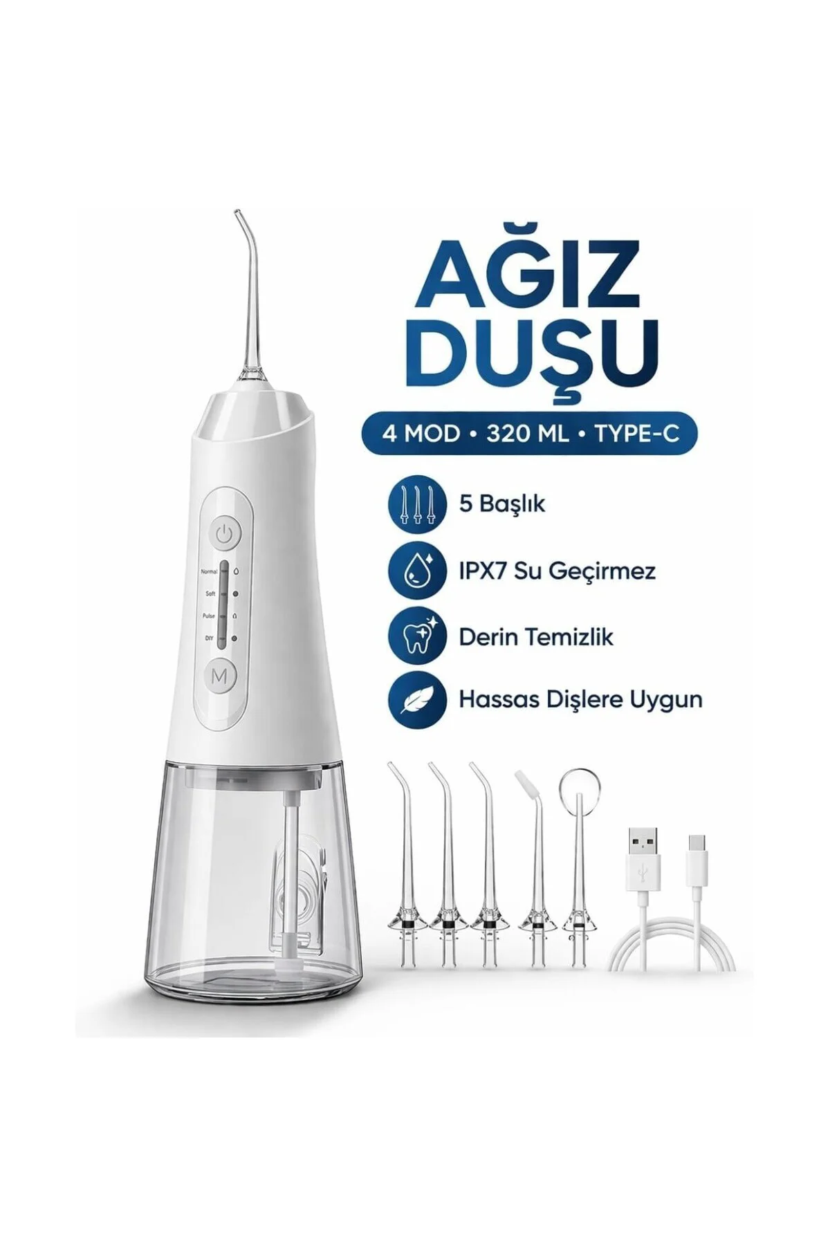 Şarjlı Ağız Duşu 320 ml Su Hazneli, 4 Modlu, 5 Başlıklı, IPX7 Su 