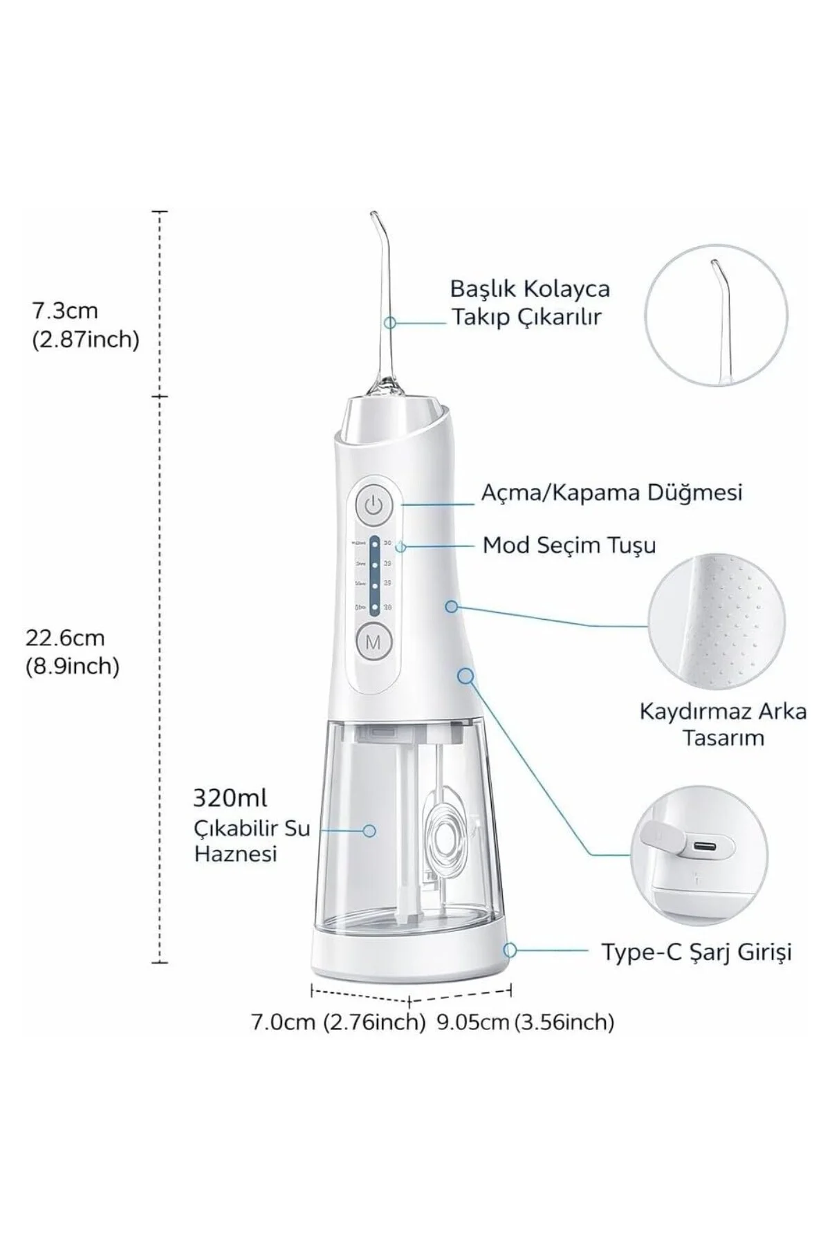 Şarjlı Ağız Duşu 320 ml Su Hazneli, 4 Modlu, 5 Başlıklı, IPX7 Su 