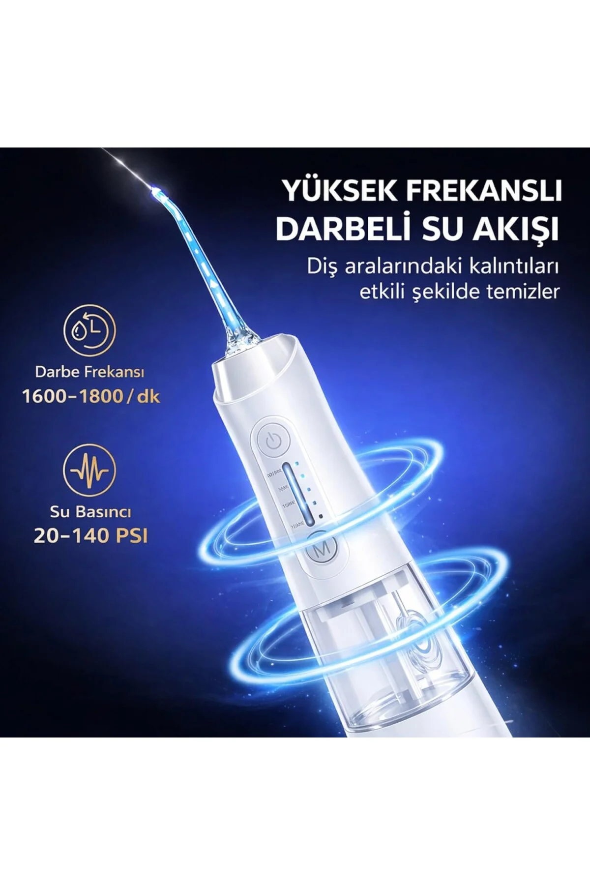 Şarjlı Ağız Duşu 320 ml Su Hazneli, 4 Modlu, 5 Başlıklı, IPX7 Su 