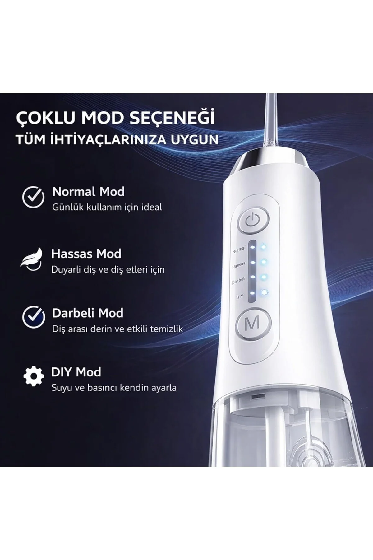 Şarjlı Ağız Duşu 320 ml Su Hazneli, 4 Modlu, 5 Başlıklı, IPX7 Su 