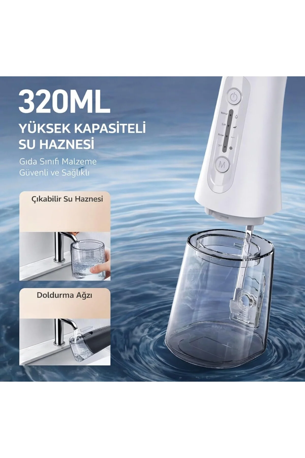 Şarjlı Ağız Duşu 320 ml Su Hazneli, 4 Modlu, 5 Başlıklı, IPX7 Su 