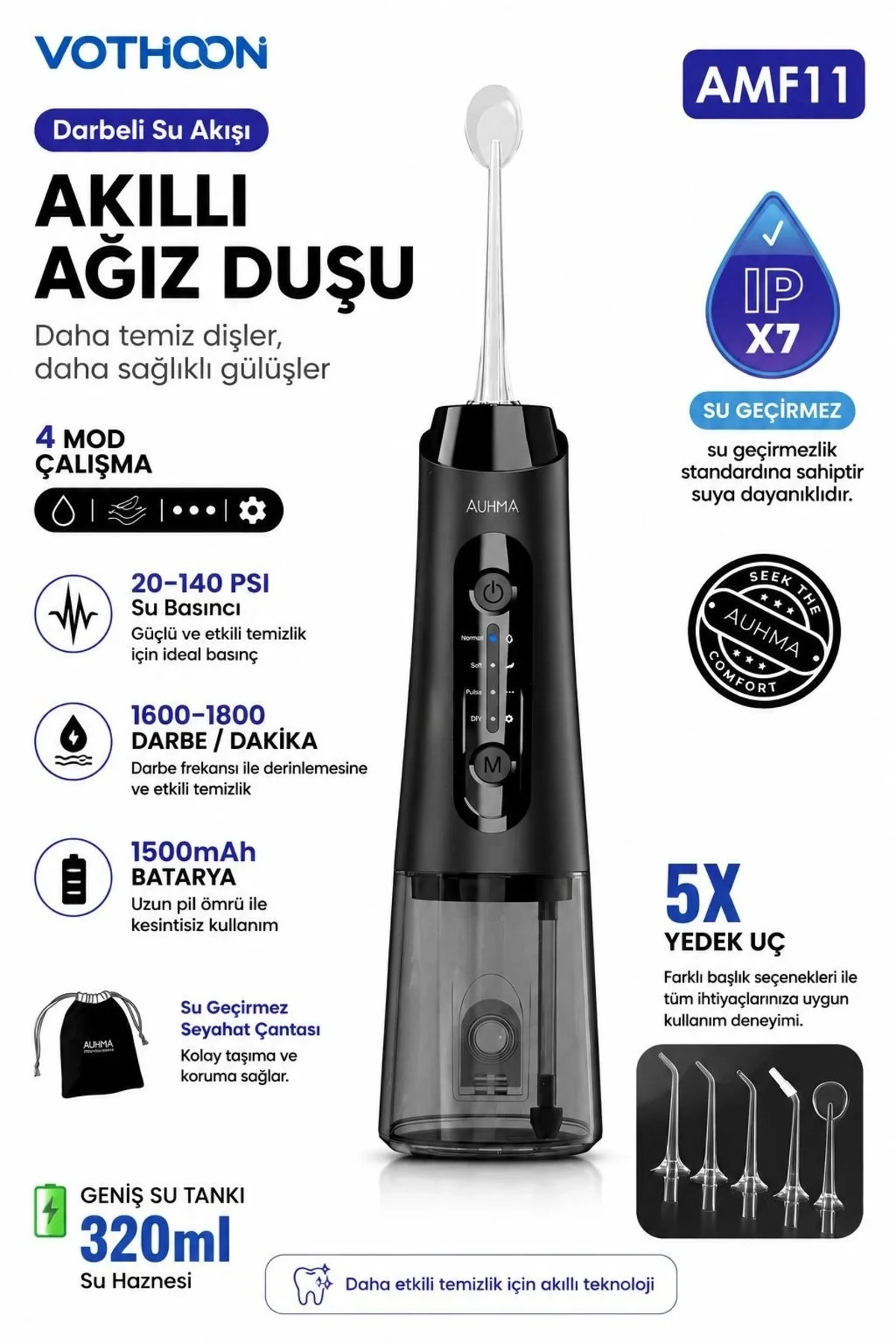 Şarjlı Ağız Duşu Diş Bakım Cihazı 4 Modlu Diş Arası Temizleyici 320Ml 5 Başlıklı 1500 Mah Kablosuz Şarjlı Ağız Duşu Diş Bakım Cihazı 4 Modlu Diş Arası Temizleyici 320Ml 5 Başlıklı 1500 Mah Kablosuz