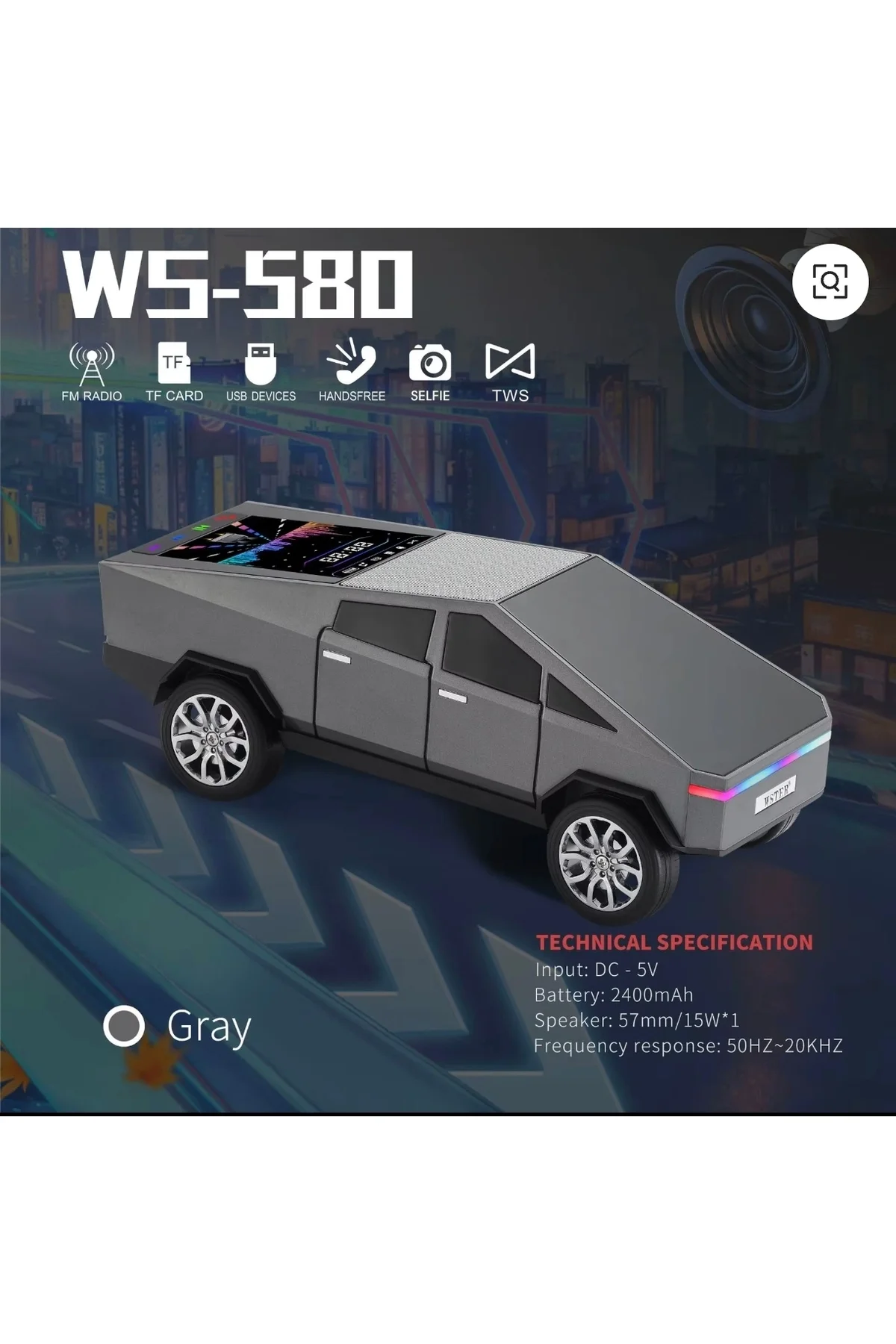 Şarjlı araba tasarımlı gri Bluetooth hoparlör 15W FM radyo SD kart USB destekli 2 yıl garantili