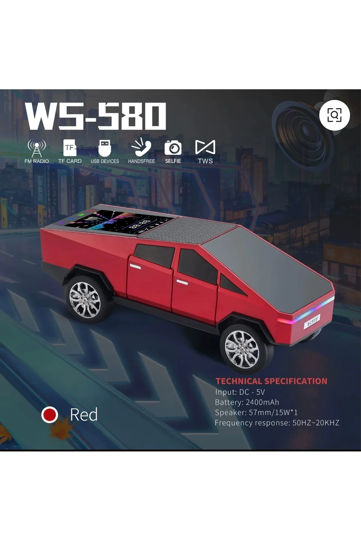 Şarjlı araba tasarımlı Bluetooth hoparlör 15W FM radyo SD kart USB destekli kırmızı