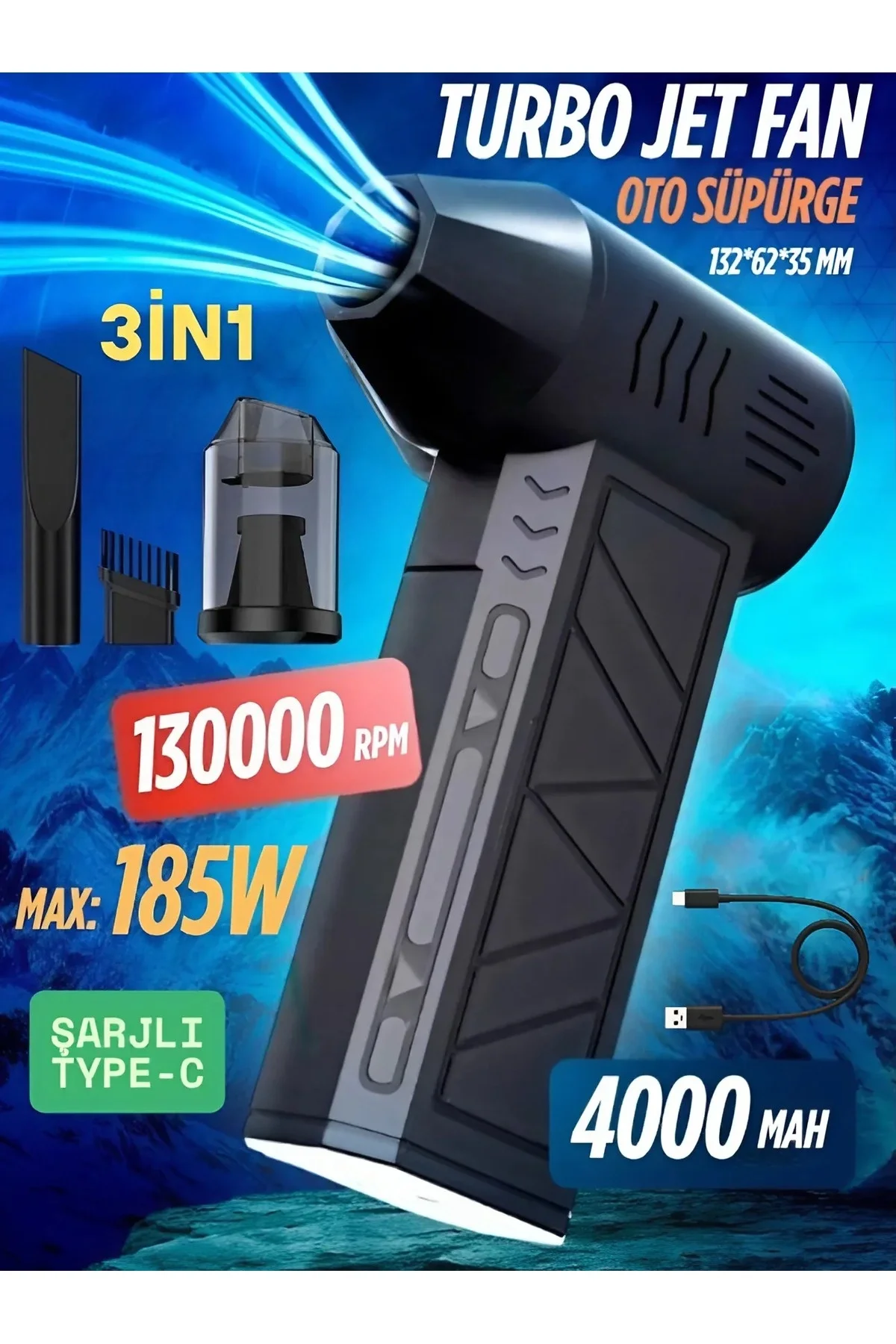 Şarjlı araç kurutma cihazı siyah 0-1 saat kullanım 13000 PA vakum gücü 1 yıl garantili