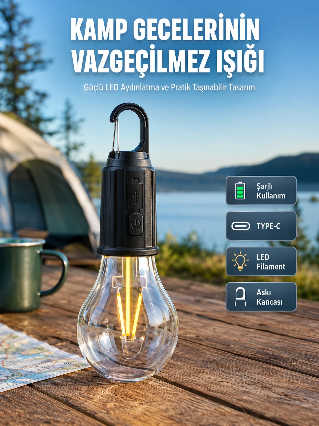 Şarjlı Aydınlatma Ampul Tasarımlı Ambians Işık Askılı Kamp Lambası