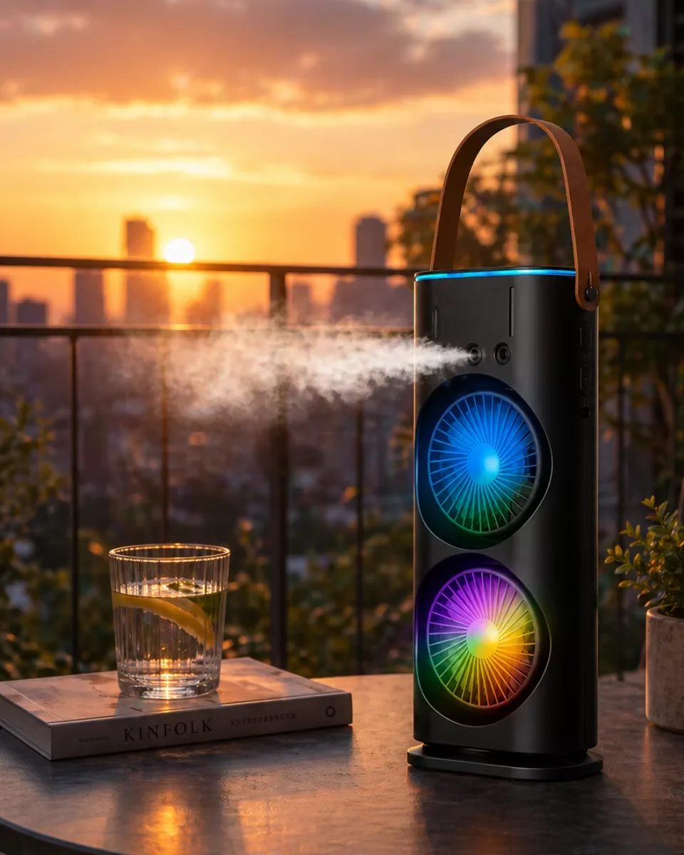 Şarjlı Buharlı Serinletici Fan RGB Işıklı Çift Pervaneli Masa Fanı - 3 Hızlı Ayar ve Sessiz Motor