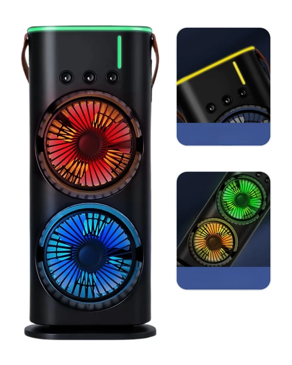Şarjlı Buharlı Serinletici Fan RGB Işıklı Çift Pervaneli Masa Fanı - 3 Hızlı Ayar ve Sessiz Motor