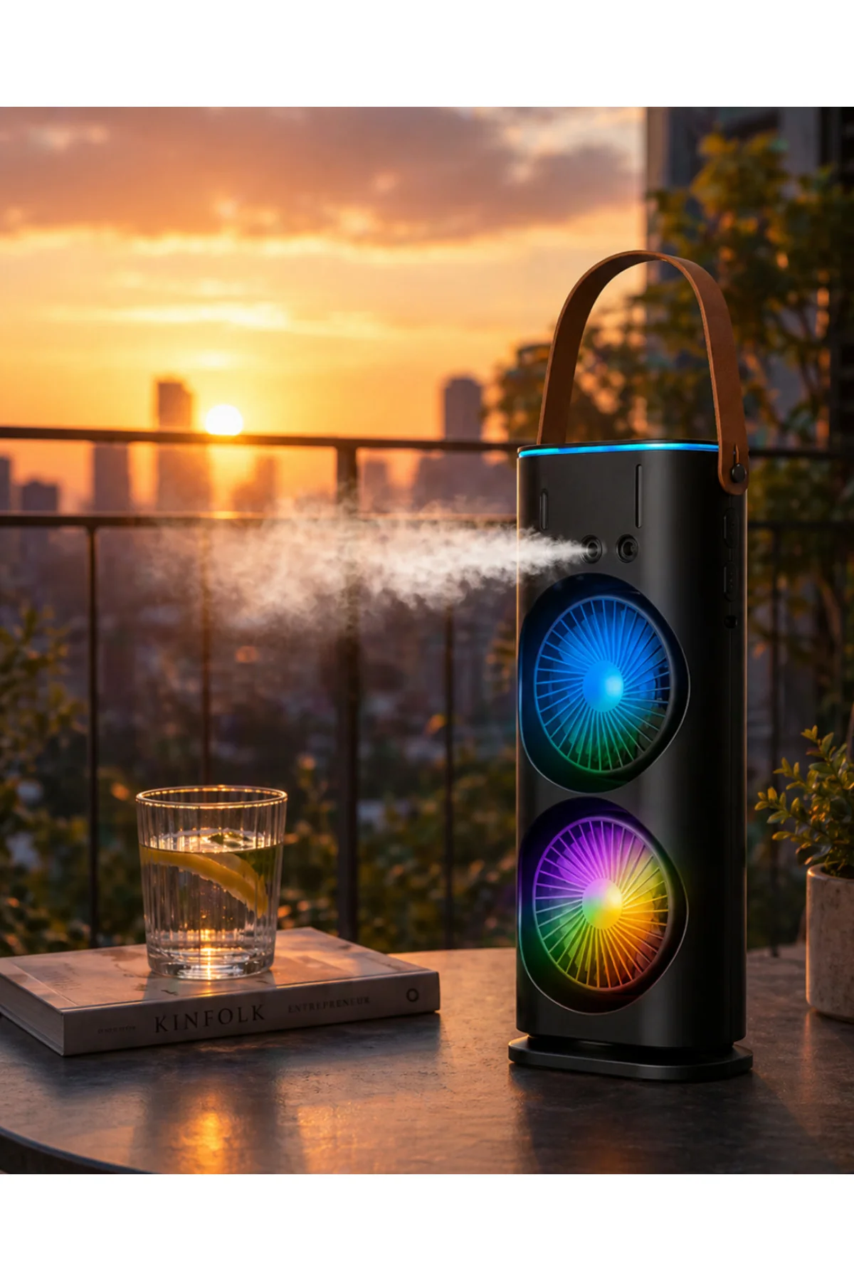 Şarjlı Buharlı Serinletici Fan RGB Işıklı Çift Pervaneli Masa Fanı