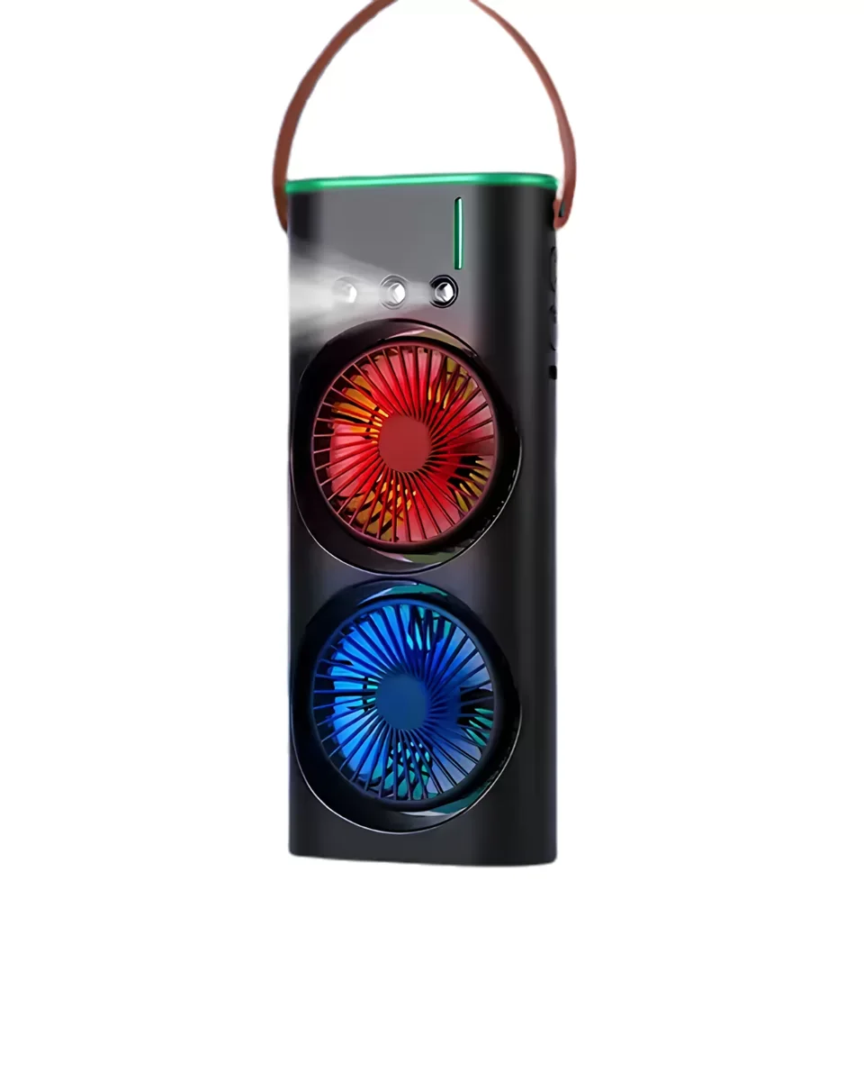 Şarjlı Buharlı Serinletici Fan RGB Işıklı Çift Pervaneli Masa Fanı - 3 Hızlı Ayar ve Sessiz Motor