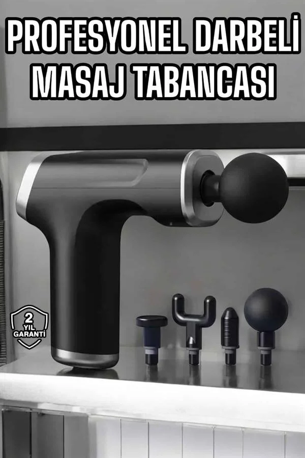 Şarjlı Darbeli Masaj Tabancası 4 Başlıklı - Kas ve Vücut Ağrıları İçin Güçlü Masaj