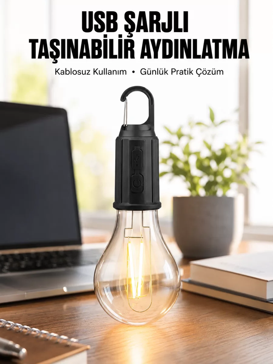 Şarjlı Dekoratif Kamp Lambası Askılı Ampul LED Işık Type-C Girişli - Pratik Aydınlatma Çözümü