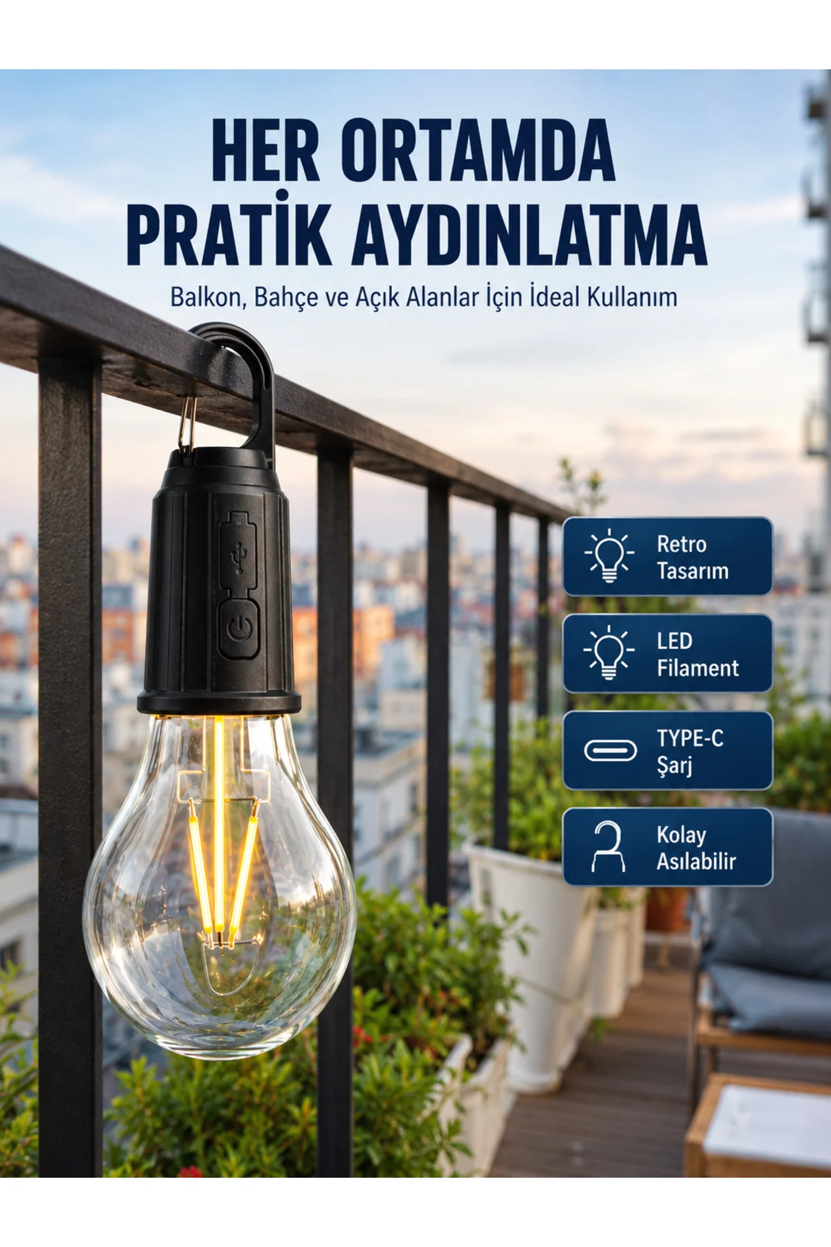 Şarjlı Dekoratif Kamp Lambası Askılı Ampul Led Işık Type-C Girişli