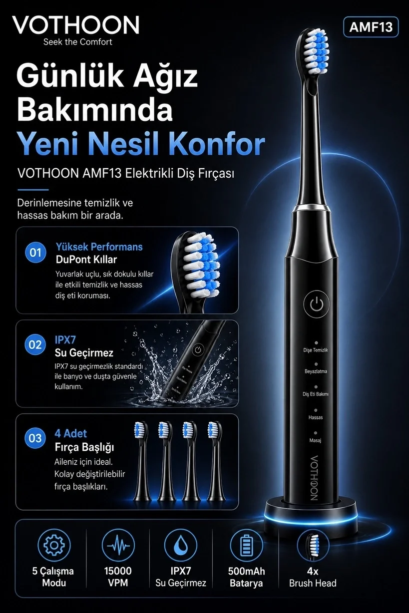 Şarjlı Diş Fırçası 15000 Vpm Titreşim Gücü, 500mah Batarya, 5 Temizlik Modu Siyah