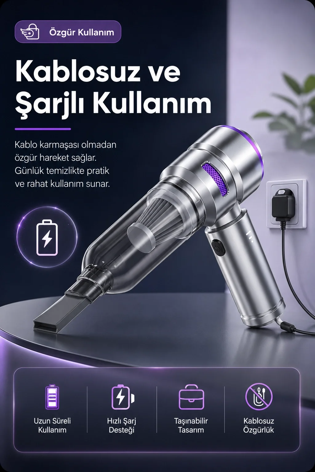 Şarjlı El Tipi Araç İçi Süpürge Ve Basınçlı Hava Üfleme Cihazı Başlıklı Set
