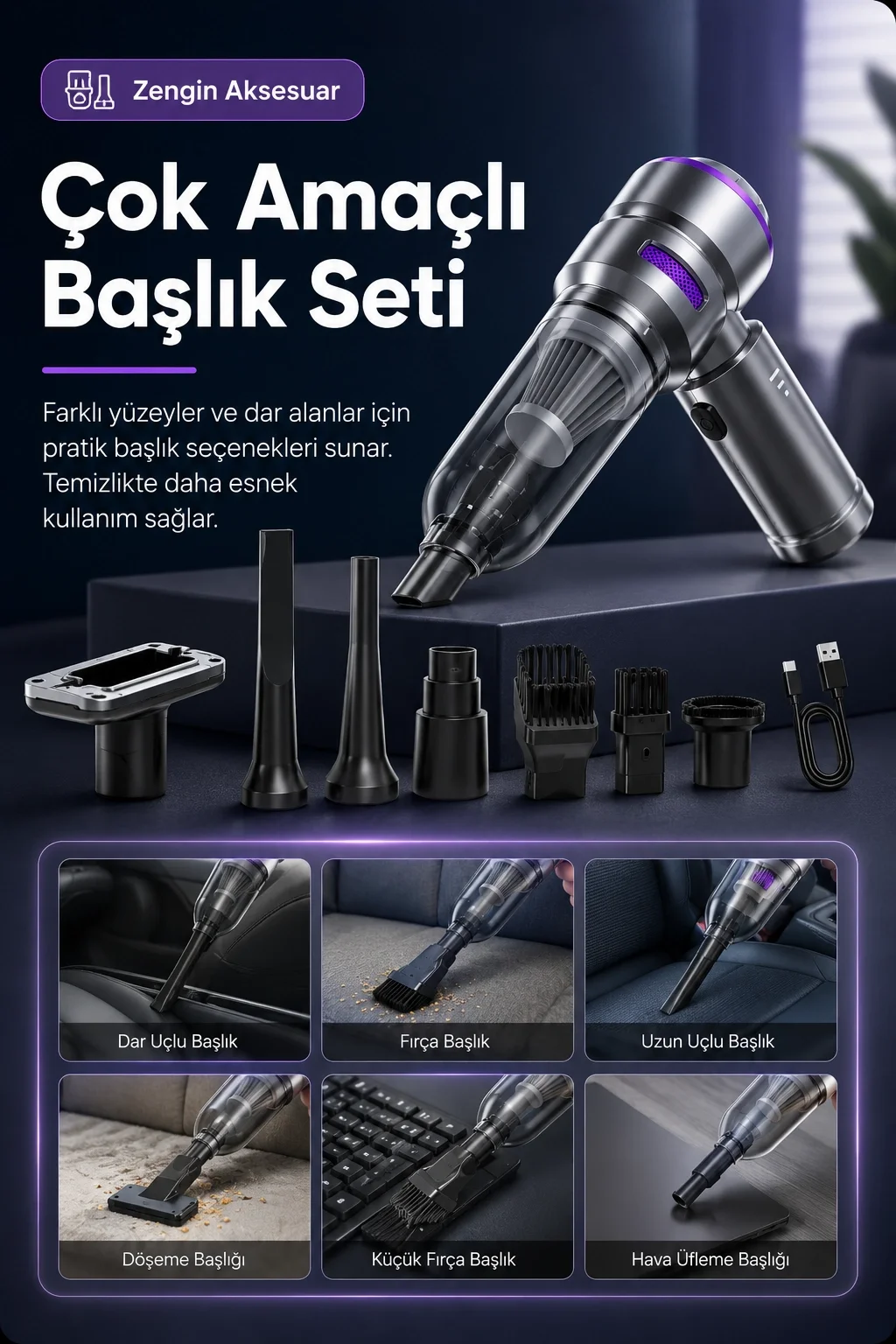 Şarjlı El Tipi Araç İçi Süpürge Ve Basınçlı Hava Üfleme Cihazı Başlıklı Set