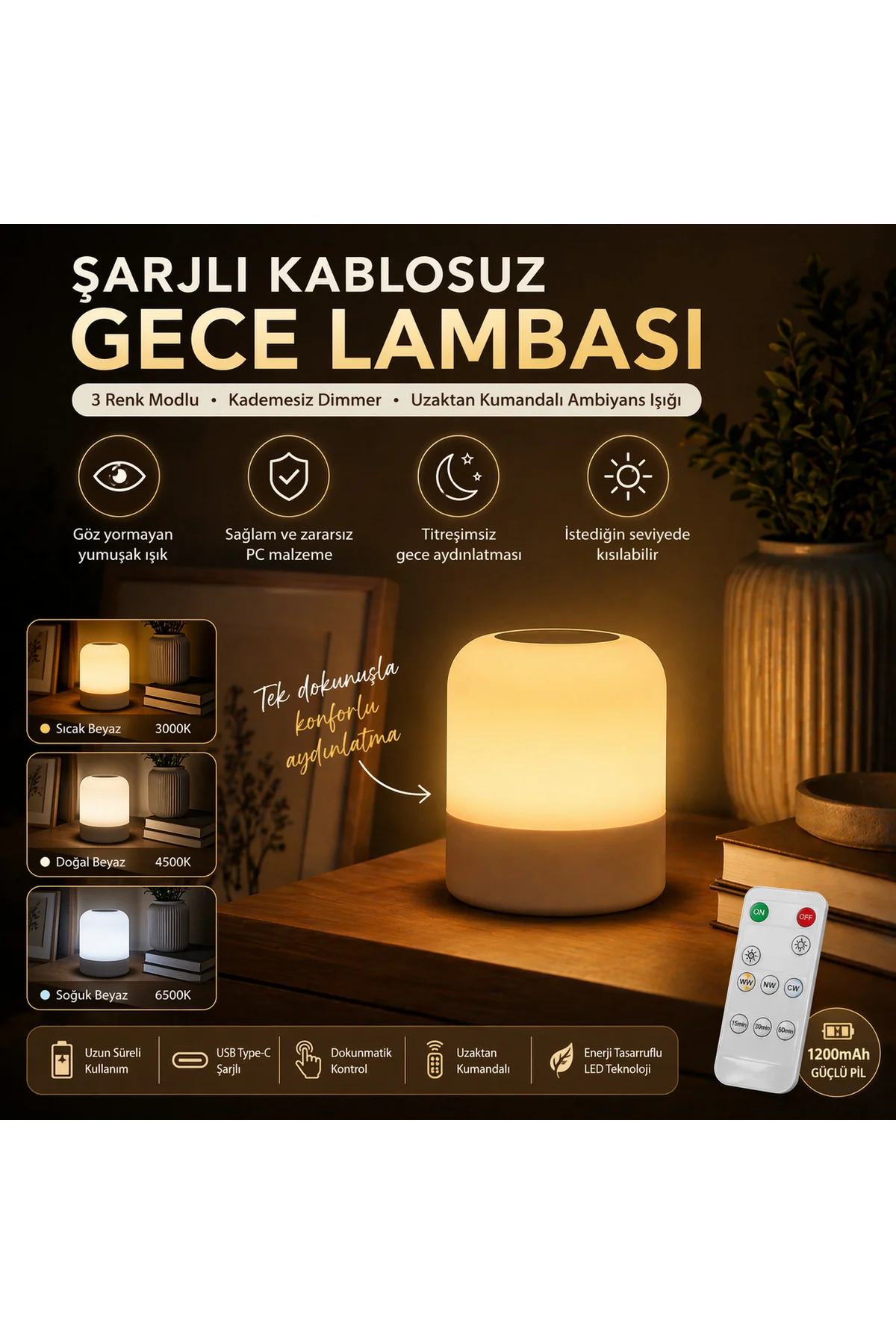 Şarjlı Gece Lambası Kumandalı 3 Renk Dokunmatik Dimmerli Kablosuz