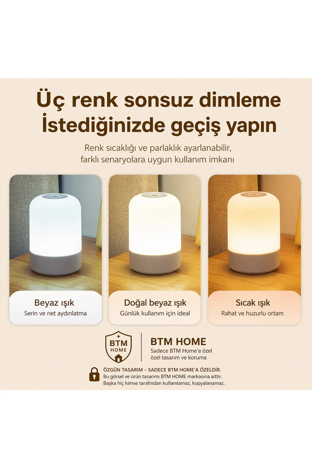 Şarjlı Gece Lambası Kumandalı 3 Renk Dokunmatik Dimmerli Kablosuz