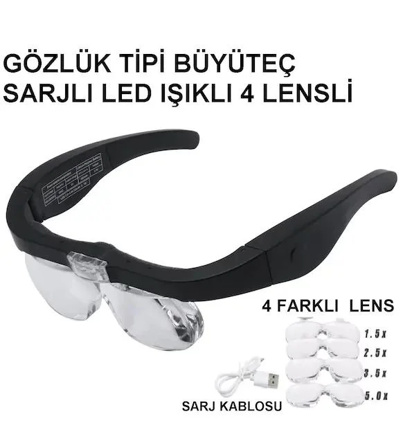 Şarjlı Gözlük Büyüteç 4 Lensli LED Aydınlatmalı – 1.5x, 2.5x, 3.5x, 5x Yakınlaştırma Fiyatı, Yorumları ve Özellikleri