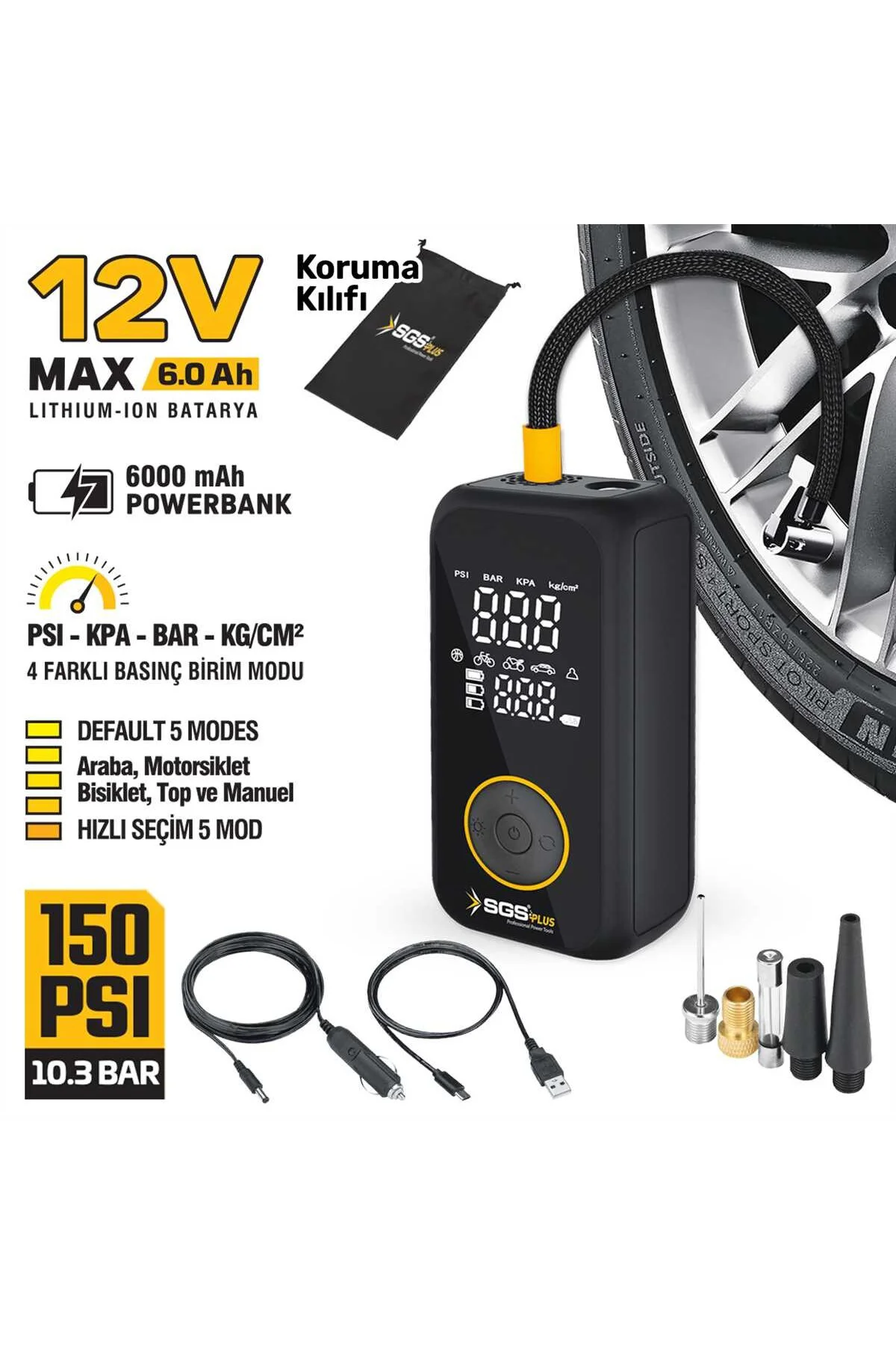 ŞARJLI HAVA KOMPRESÖRÜ DİJİTAL 12V 6.0 Ah (150 PSI)