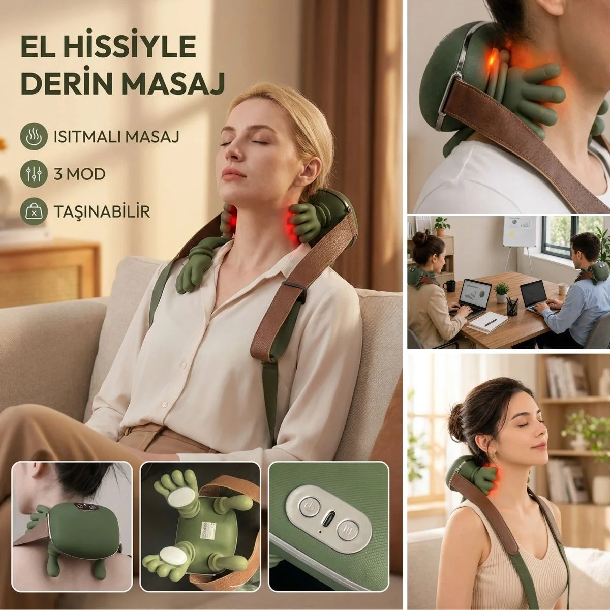 Şarjlı Isıtmalı Boyun ve Omuz Masaj Aleti Parmak Hareketini Taklit Eden Yoğurma Masaj Cihazı Fiyatı, Yorumları ve Özellikleri