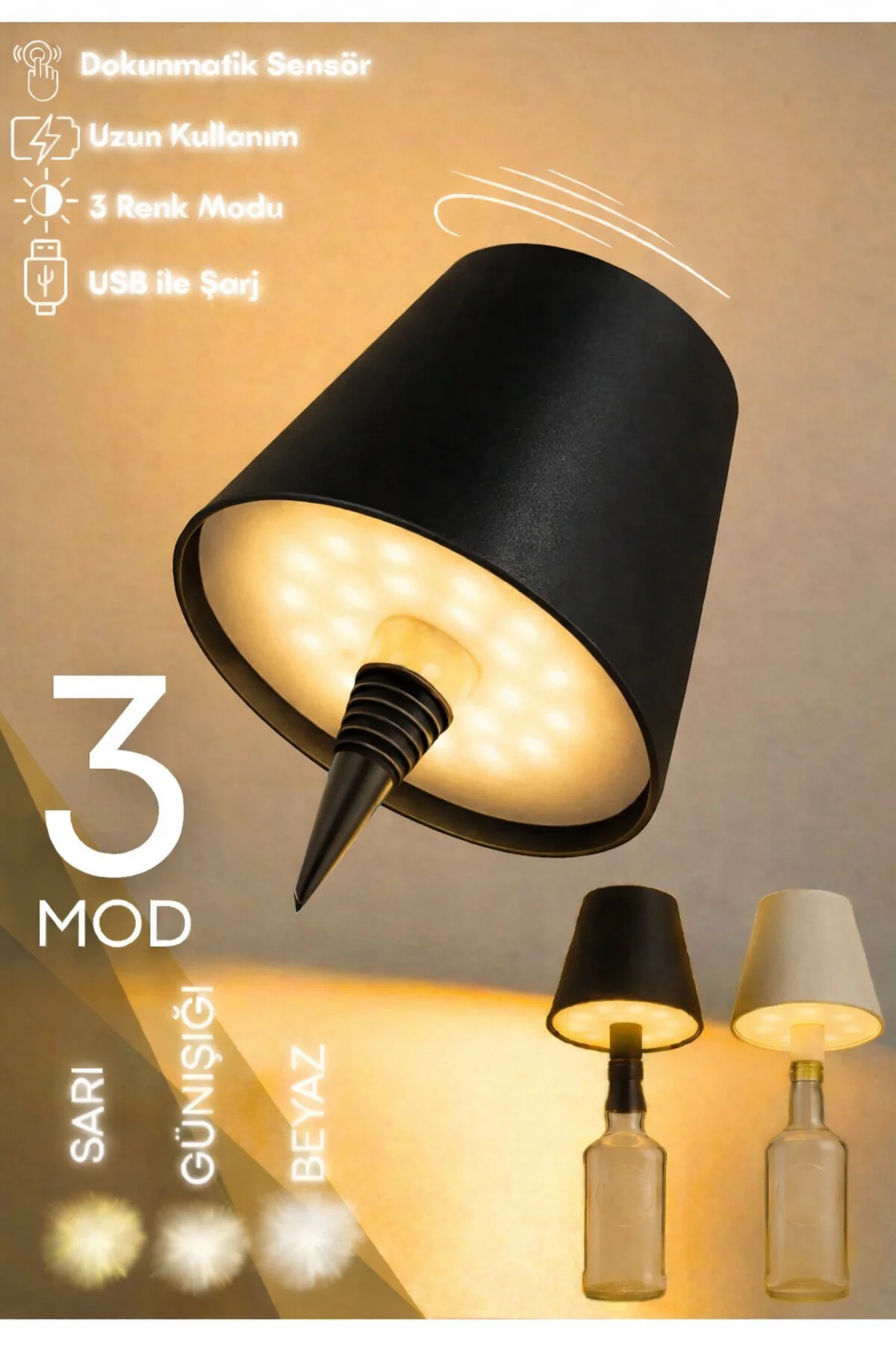 Şarjlı Kablosuz Dokunmatik Şişe Başlıklı Lamba- 3 Farklı Renk Mod