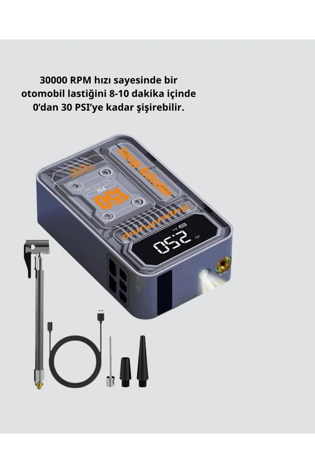 Şarjlı Kablosuz Hava Pompası – 150 PSI Basınç, LED Ekran ve 6000m