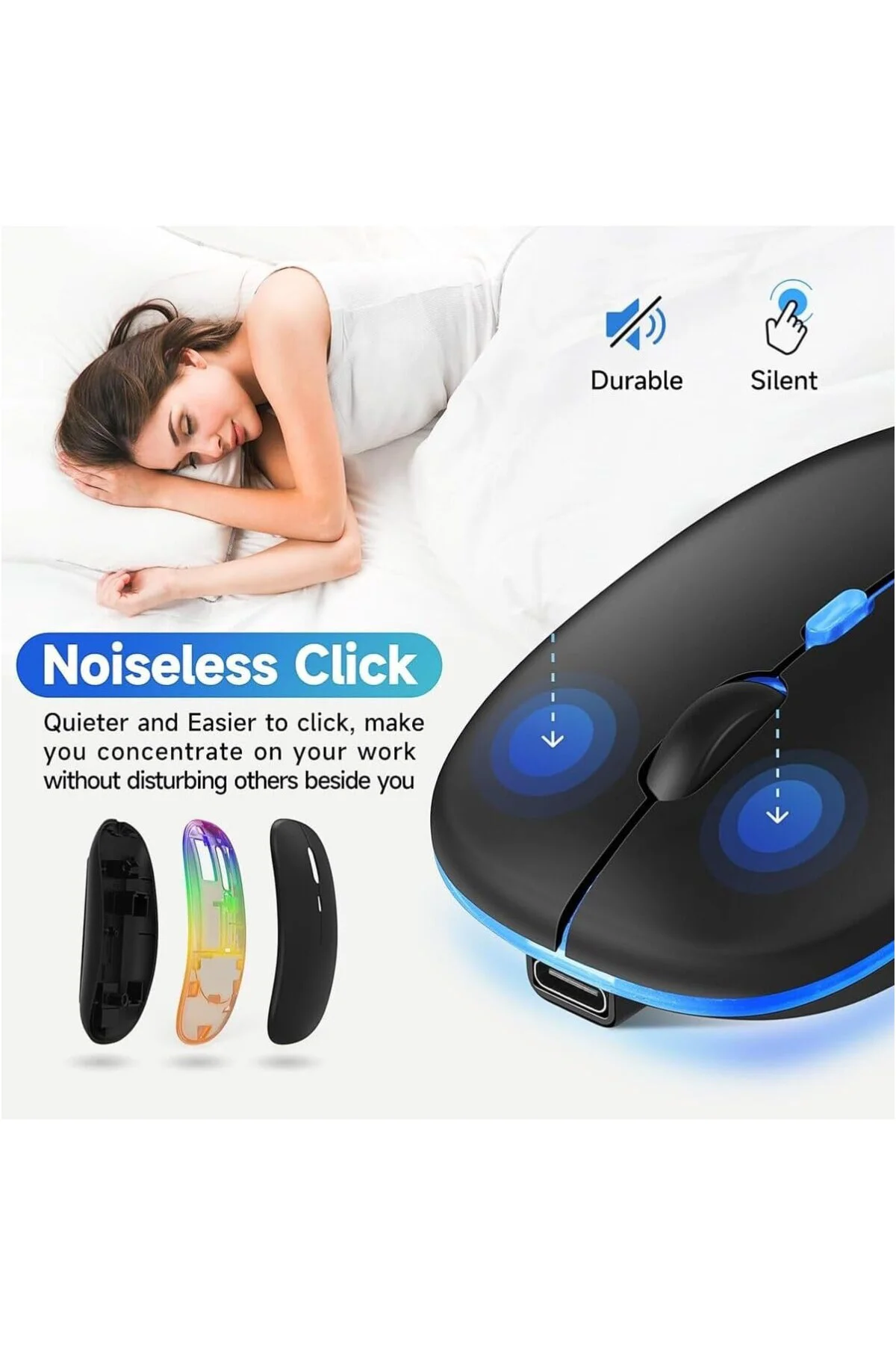 Şarjlı Kablosuz Mouse Bluetooth ve 2.4ghz- RGB Işıklı - Sessiz Tı