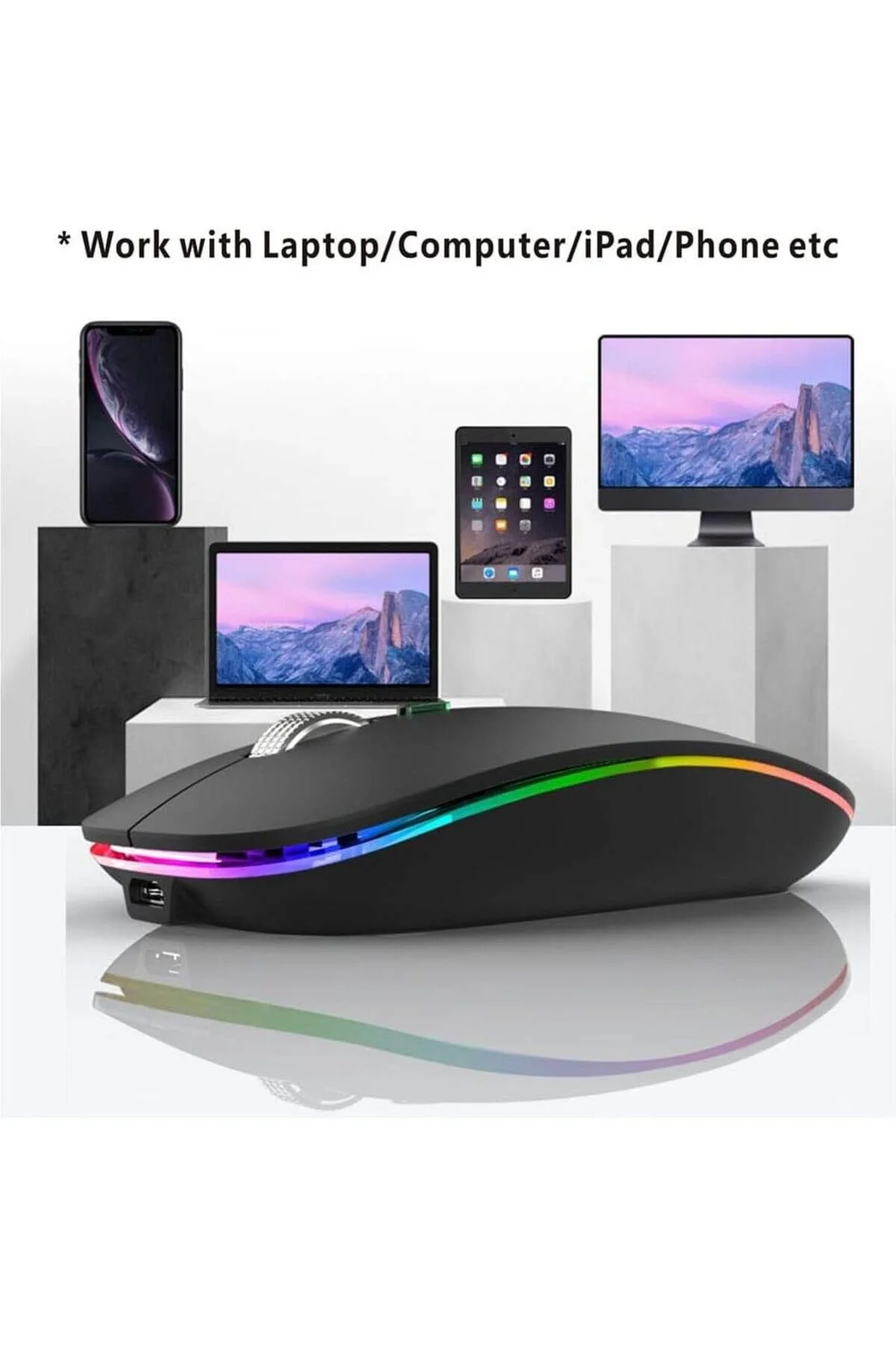 Şarjlı Kablosuz Mouse Bluetooth ve 2.4ghz- RGB Işıklı - Sessiz Tı