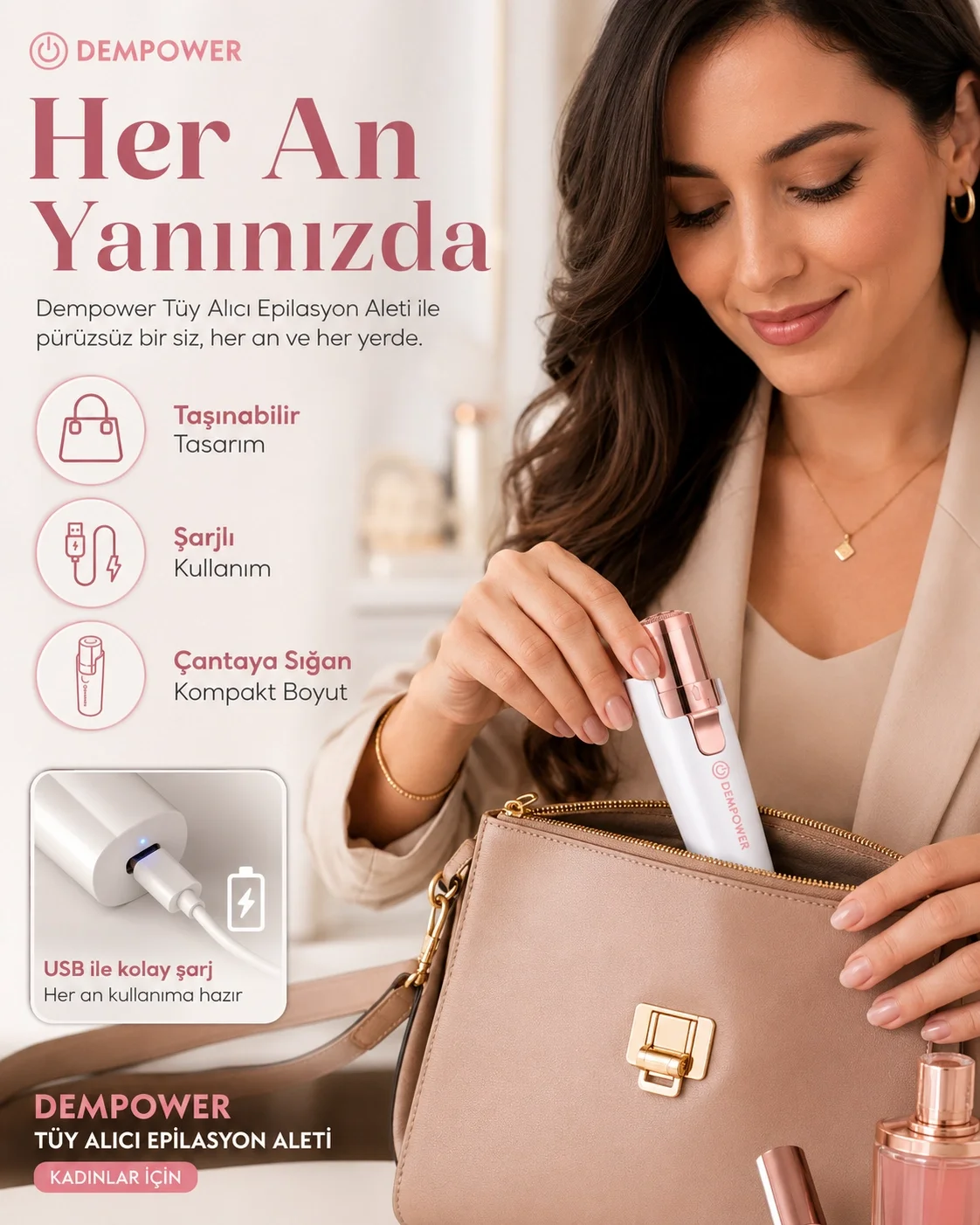 Şarjlı Kadın Tüy Alma Cihazı Kaş Düzeltici Başlıklı Hassas Epilas