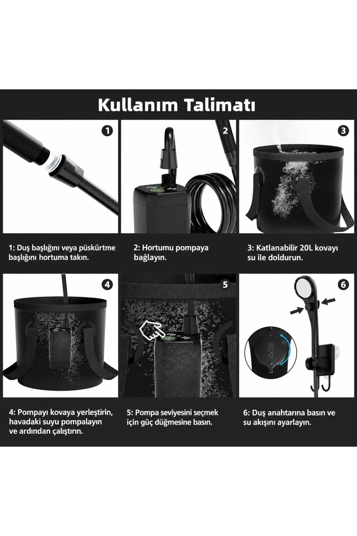 Şarjlı Kamp Duşu 6000mAh Dijital Göstergeli Taşınabilir Duş Seti 