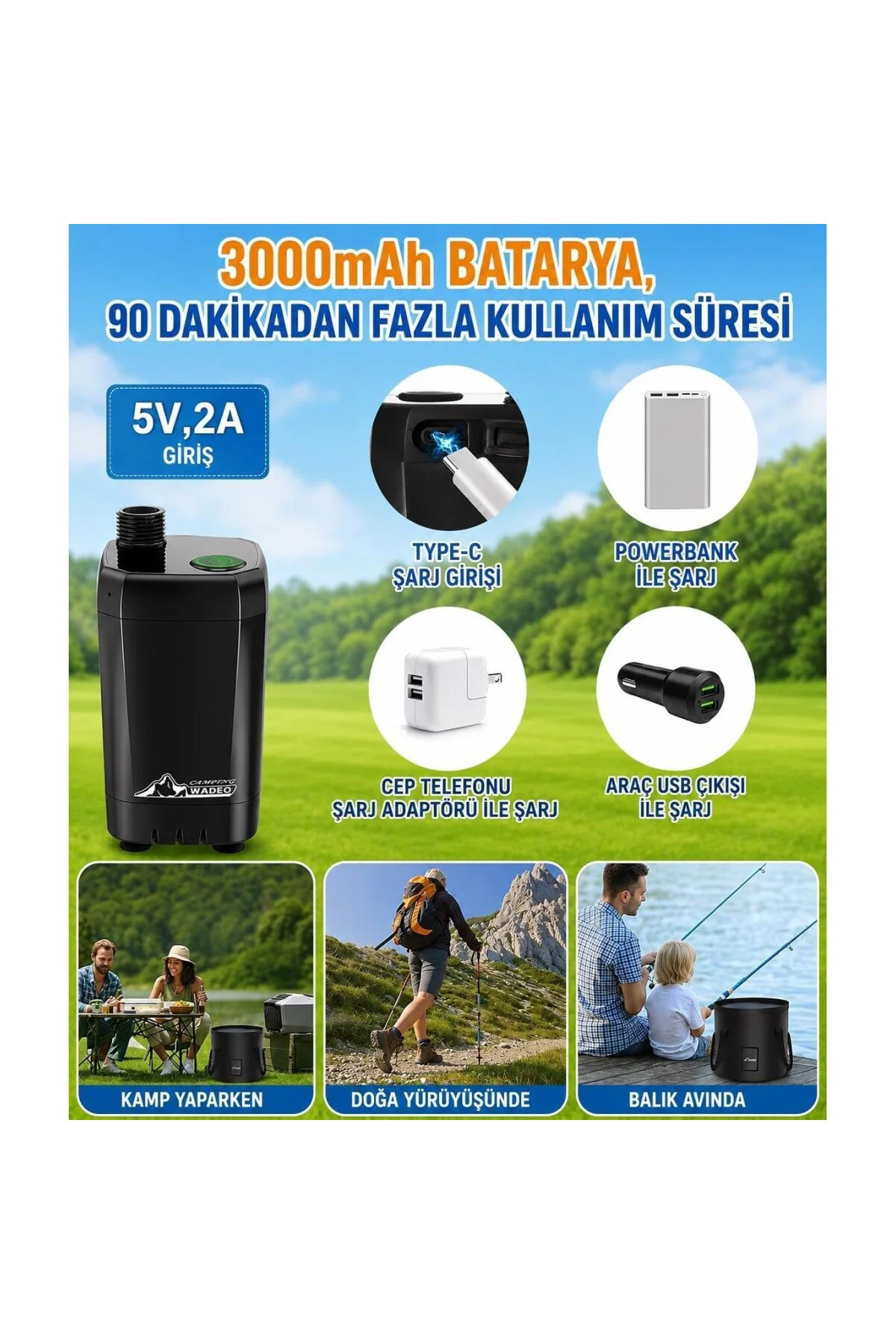 Şarjlı Kamp Duşu 6000mAh Dijital Göstergeli Taşınabilir Duş Seti 