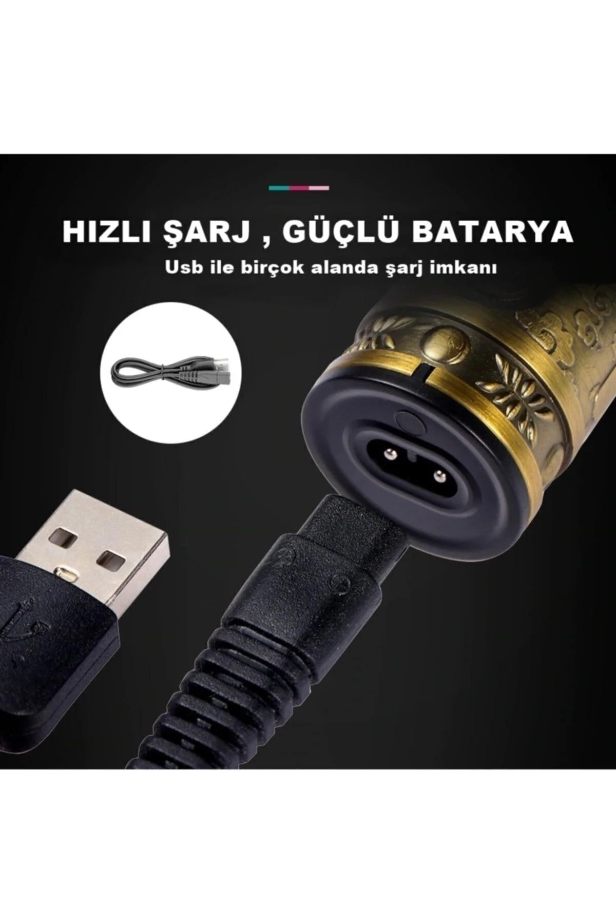 Şarjlı kuru saç sakal vücut tıraş makinesi altın renk 4-6 saat kullanım 3-5 başlık