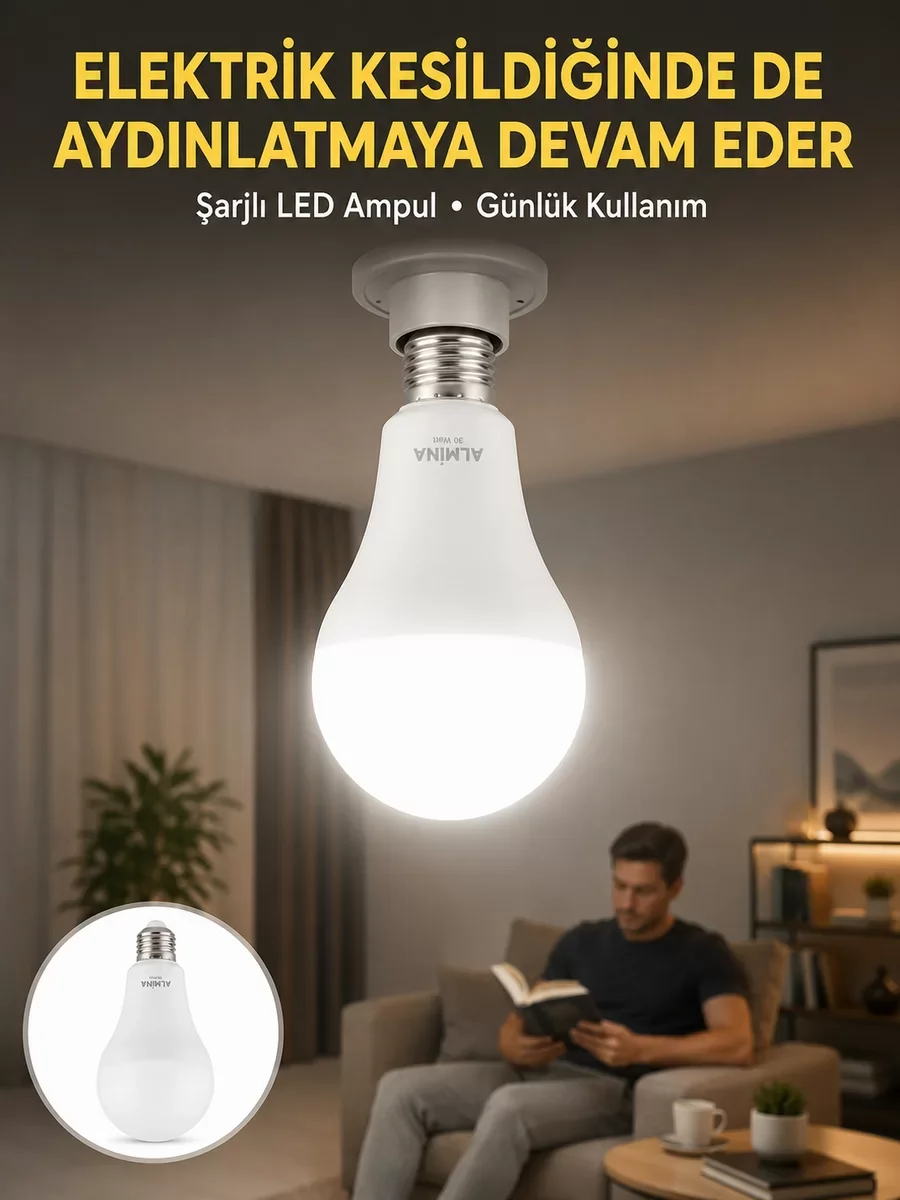 Şarjlı LED Ampul 6400K Soğuk Beyaz - 30 Watt Güçlü Acil Durum Işığı