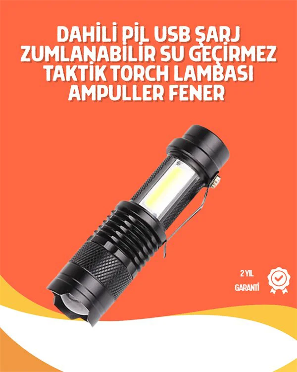 Şarjlı LED El Feneri - 14500 Pil Dahil, 2000 Lümen, 4 Işık Modu, Mini Boy
