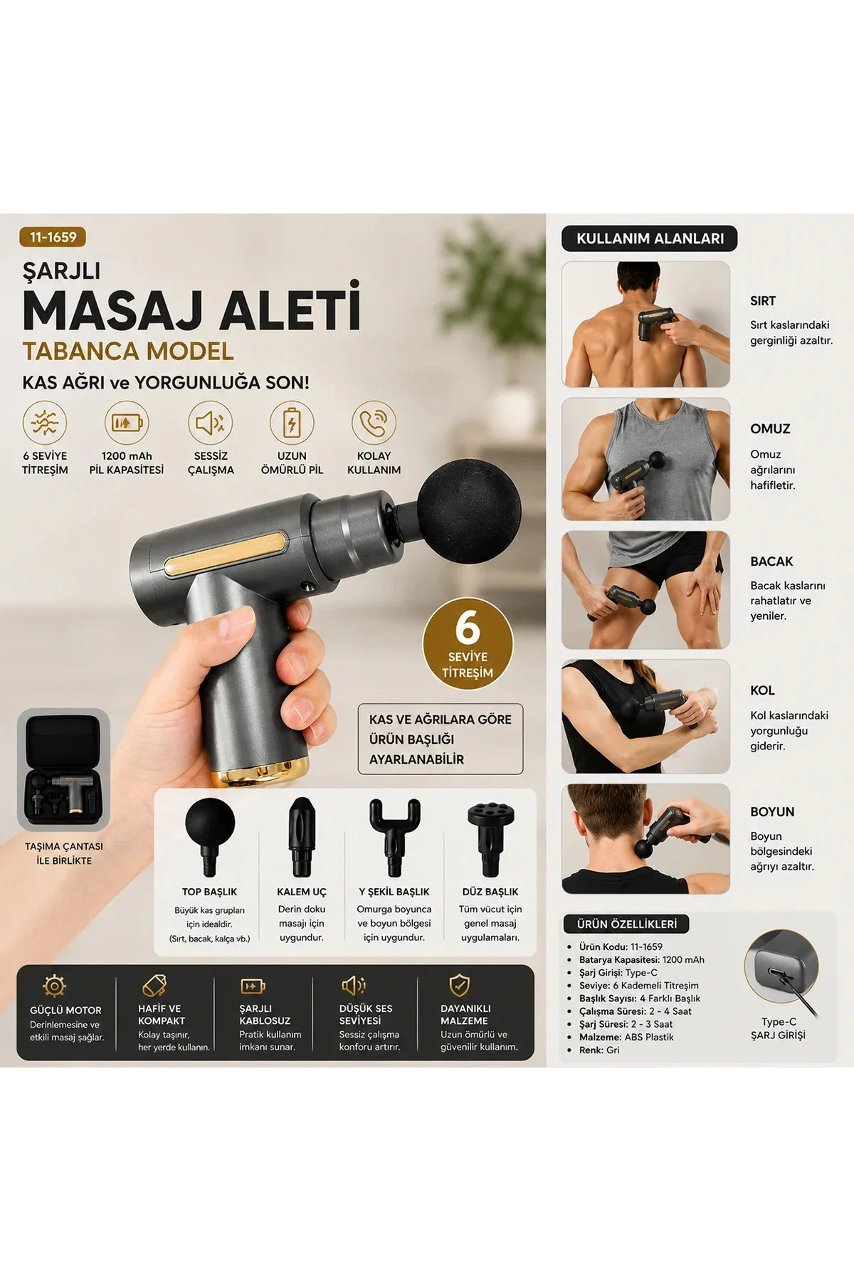 Şarjlı Masaj Tabancası - 6 Kademe Kas Masaj Aleti