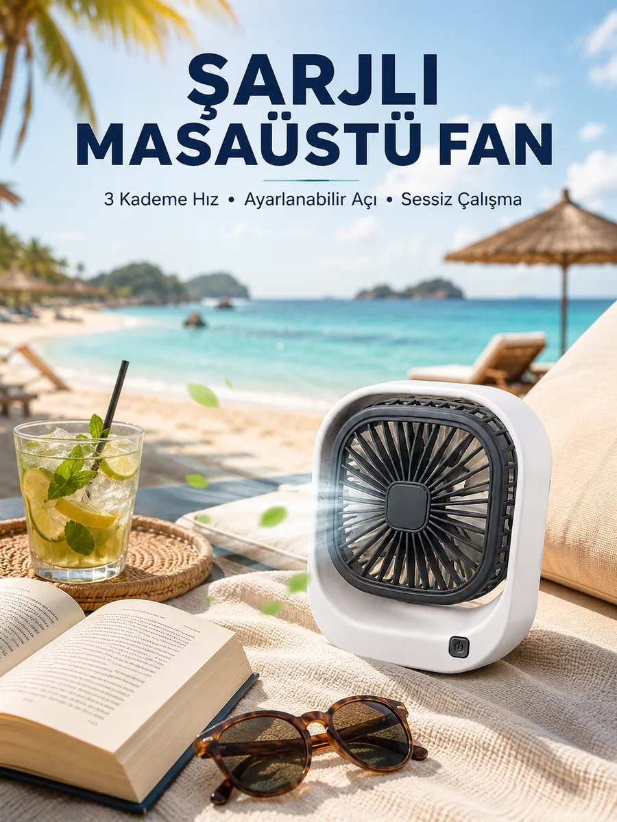 Şarjlı Masaüstü Fan 3 Kademeli Hız Ayarlı Güçlü Hava Akışı