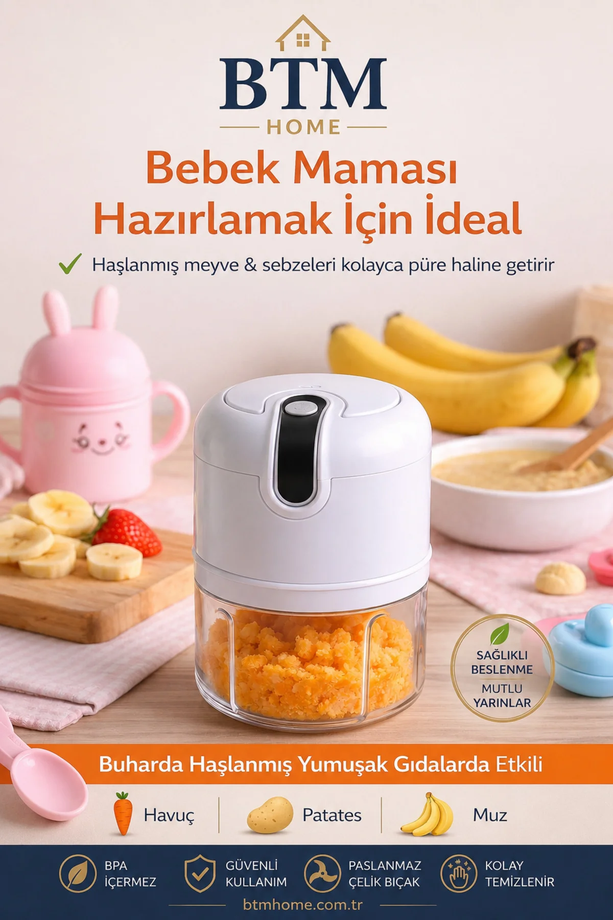 Şarjlı Mini Doğrayıcı Taşınabilir Rondo Bebek Maması Sebze Meyve 