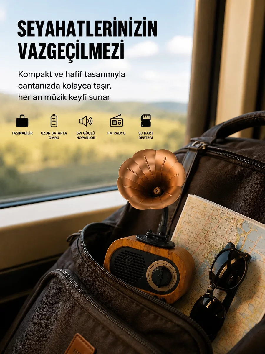 Şarjlı Mini Retro Radyo Bluetooth Hoparlör - DSP Çipli, 5W Ses ve 1200mAh Batarya