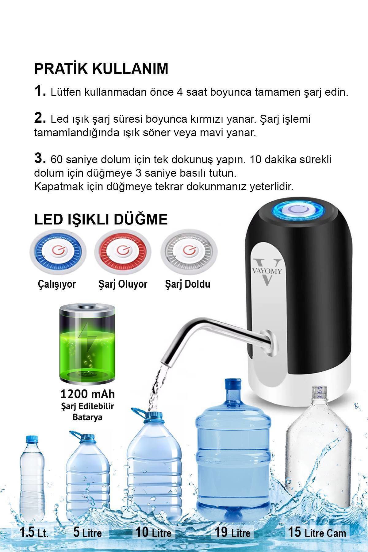 Şarjlı Otomatik Damacana Su Pompası 1200 Mah Bataryalı (BPA IÇERM